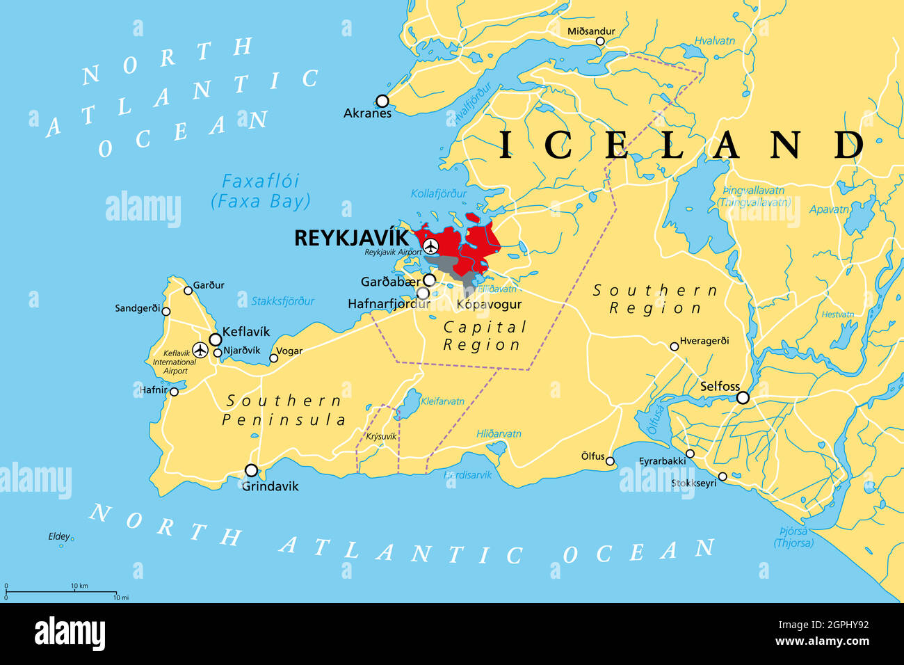 Island, Reykjavik, Hauptstadtregion und Südliche Halbinsel, politische Landkarte Stock Vektor