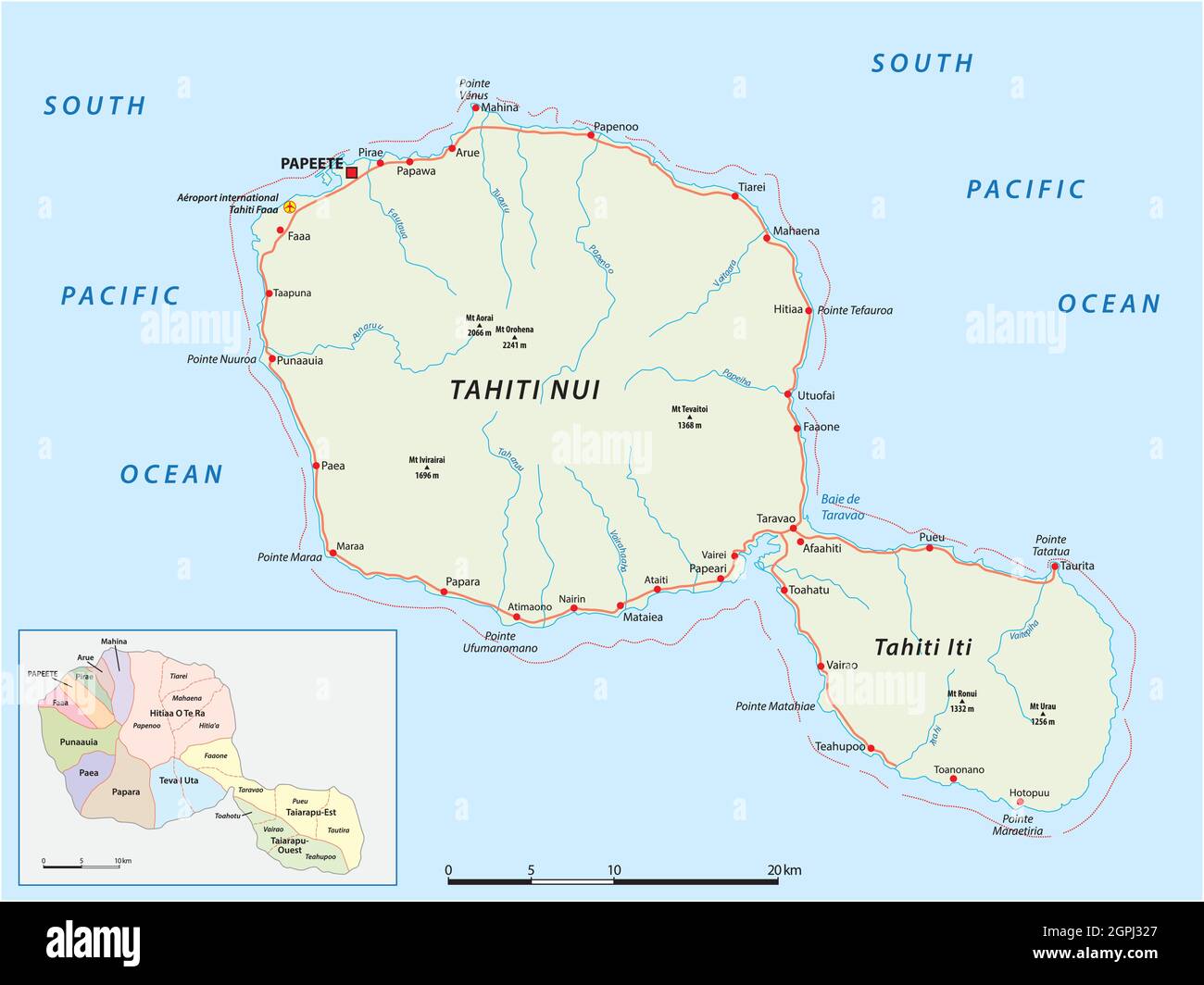 tahiti Straßen- und Verwaltungskarte, Gesellschaftsinseln, Frankreich Stock Vektor