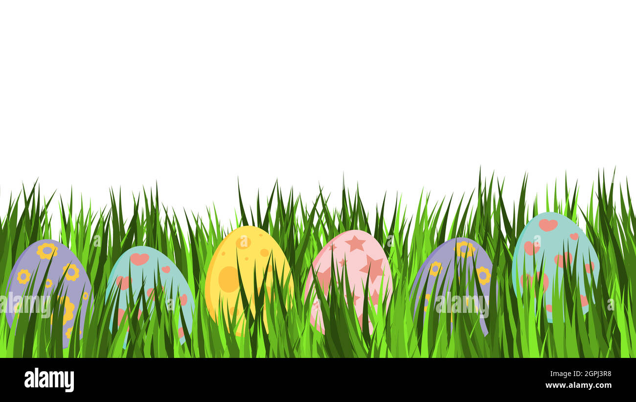 Leere osterkarte mit Eiern in Pastellfarben. Ideal für Banner oder Einladungsvorlagen. Wenige Ziereier liegen auf grünem Gras. Urlaubsvektor-Design auf weißem Hintergrund. Stock Vektor