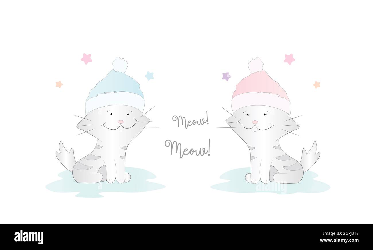 Lustige Katzen mit bunten Wintermützen isoliert auf weißem Hintergrund Illustration Stockfoto
