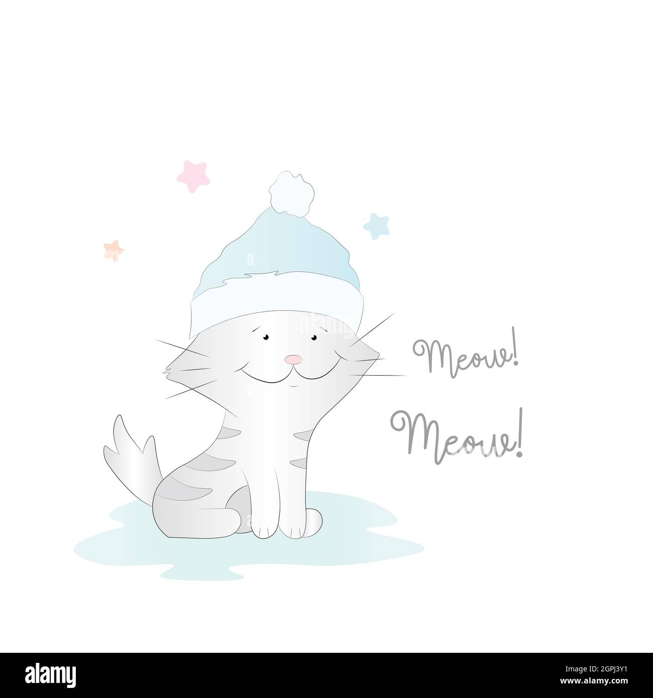 Lustige Katze mit blauem Winterhut isoliert auf weißem Hintergrund Illustration Stockfoto