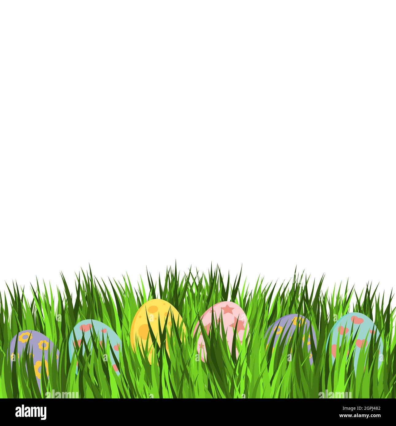 Leere osterkarte mit Eiern in Pastellfarben. Wenige dekorative Eier liegen auf grünem Gras. Urlaub Vektor-Design auf weißem Hintergrund. Stock Vektor