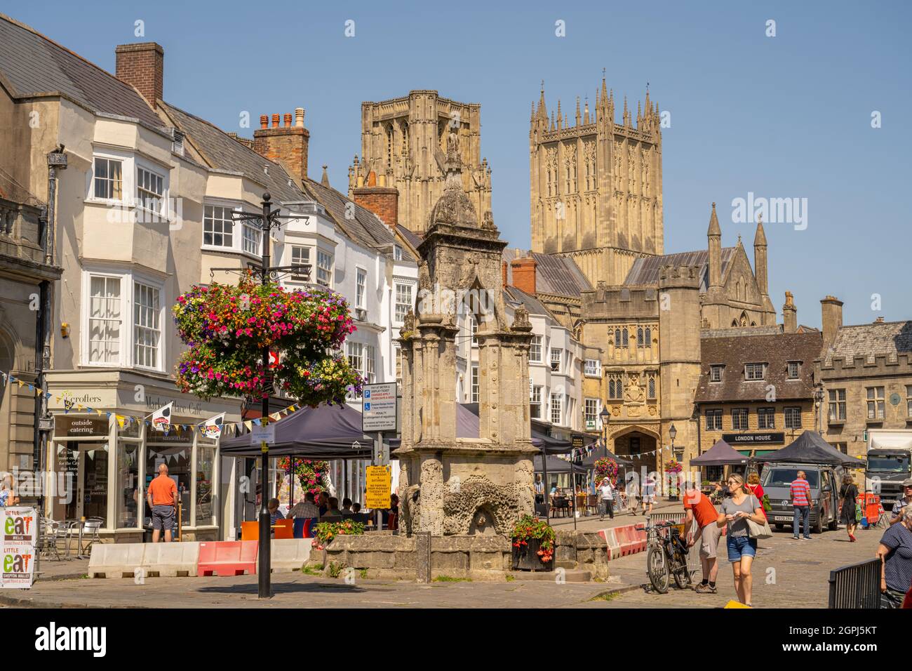 Der Brunnen und der Marktplatz Wells Somerset Stockfoto