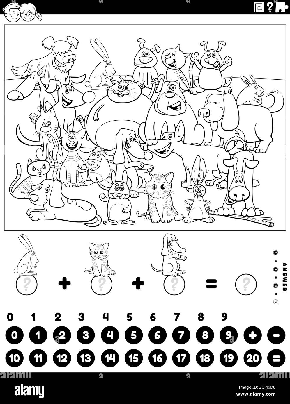 Zählen und Hinzufügen von Spiel mit Tieren Malbuch Seite Stock Vektor