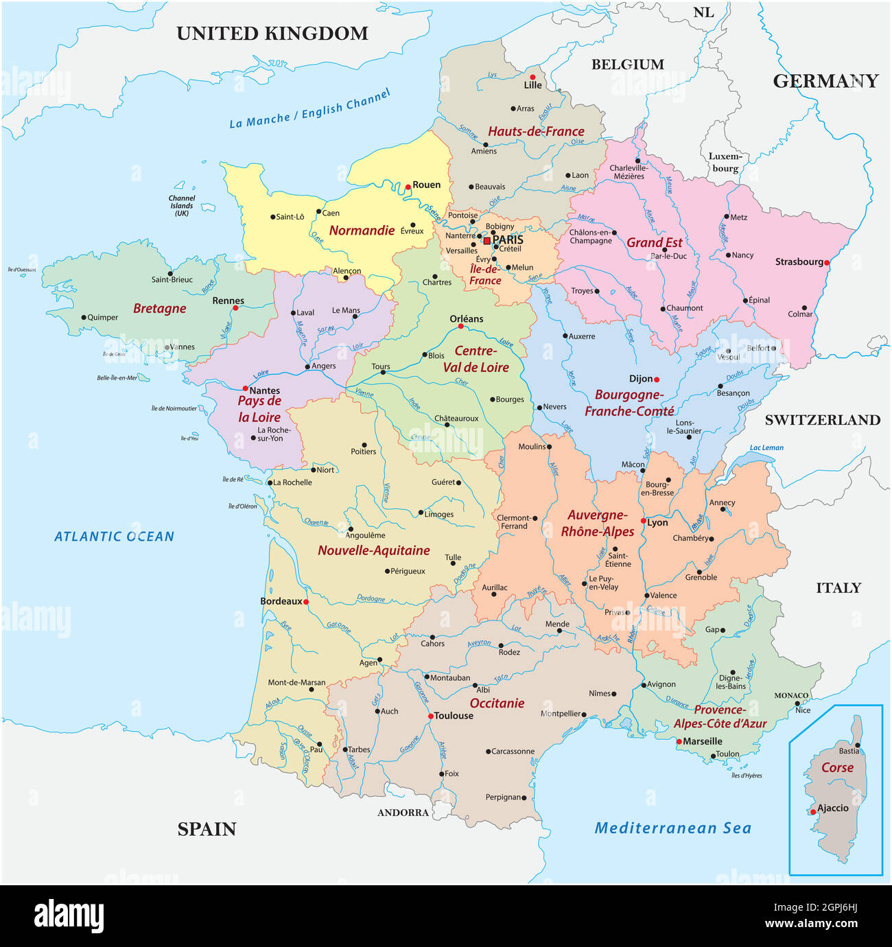 vektorkarte Frankreich mit den Regionen, Flüssen und den wichtigsten Städten Stock Vektor
