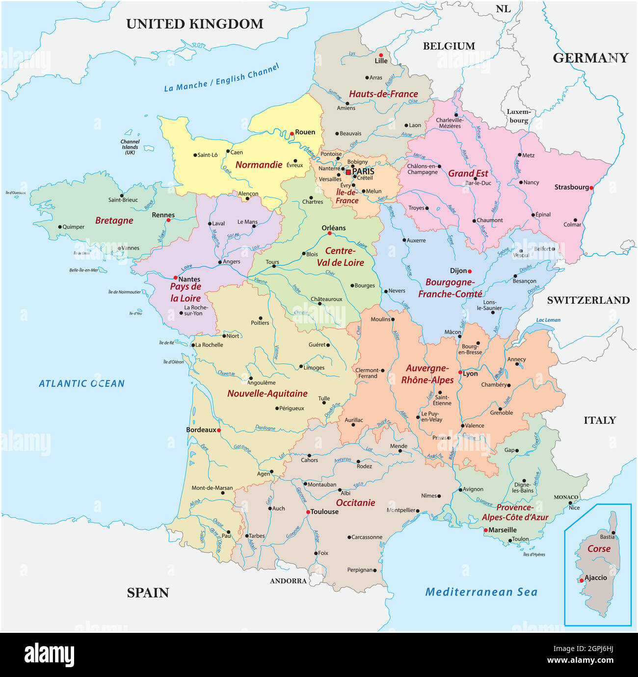 Fluss Im Südwesten Frankreichs 4 Buchstaben vektorkarte Frankreich mit den Regionen, Flüssen und den wichtigsten