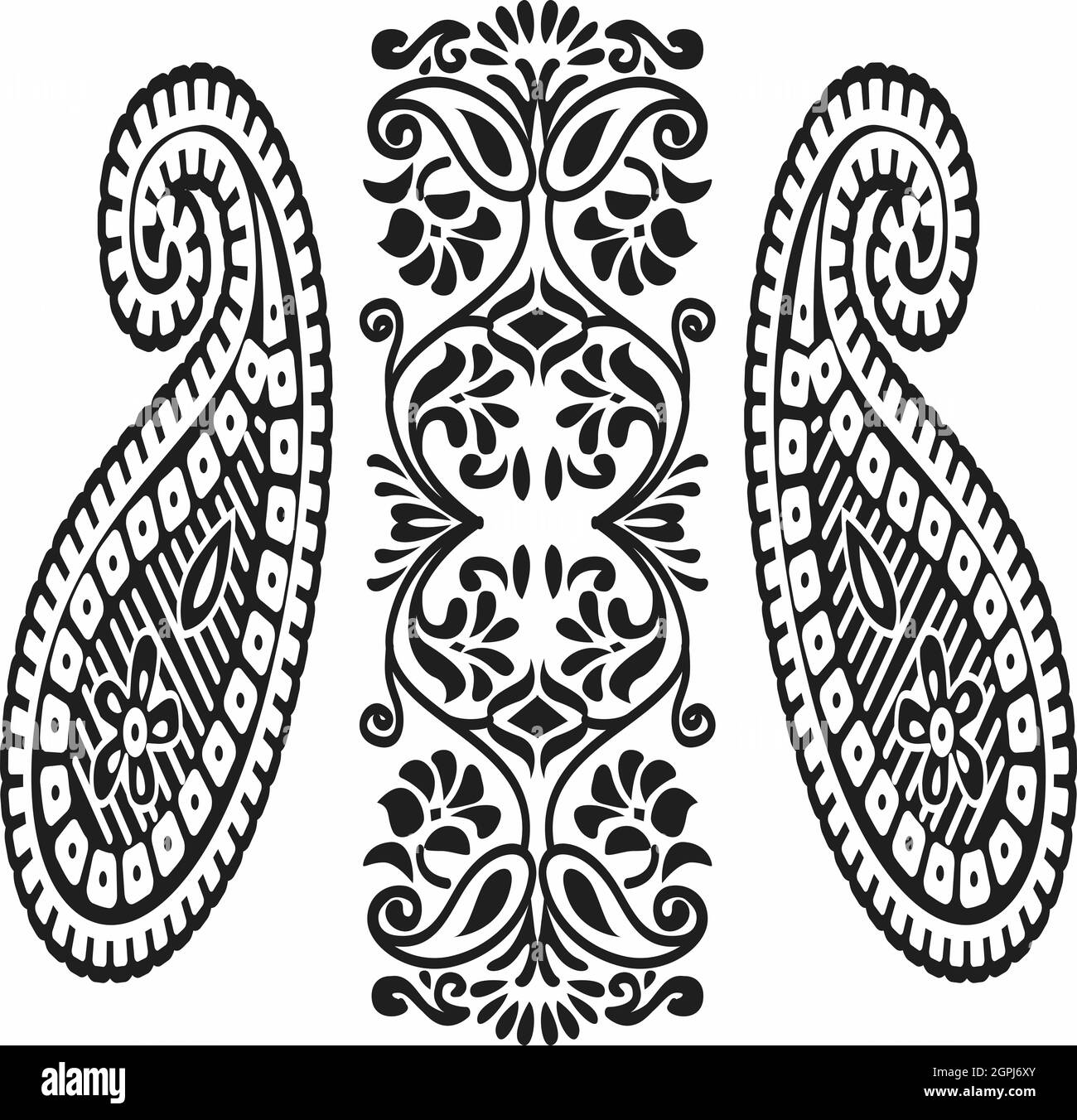 Florales Design, Stickmuster. Schwarz Und Weiß Und Stockillustration Handgezeichnet. Fantasieblumen Blätter. T-Shirt-Dessin. Lizenzfreies Clipart Stockfoto