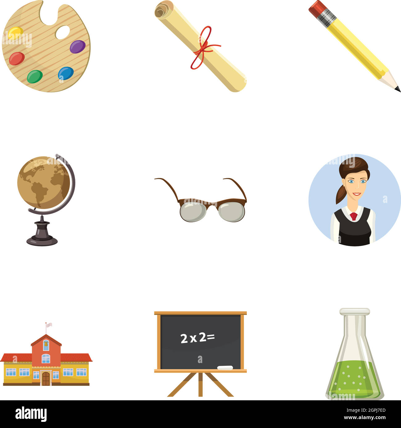 Schule Symbole, Cartoon Stil Stock Vektor