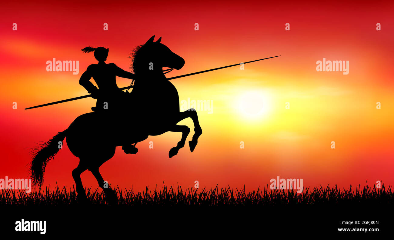 Ritter auf einem Pferd auf dem Hintergrund eines sonnigen Sonnenuntergangs Stock Vektor