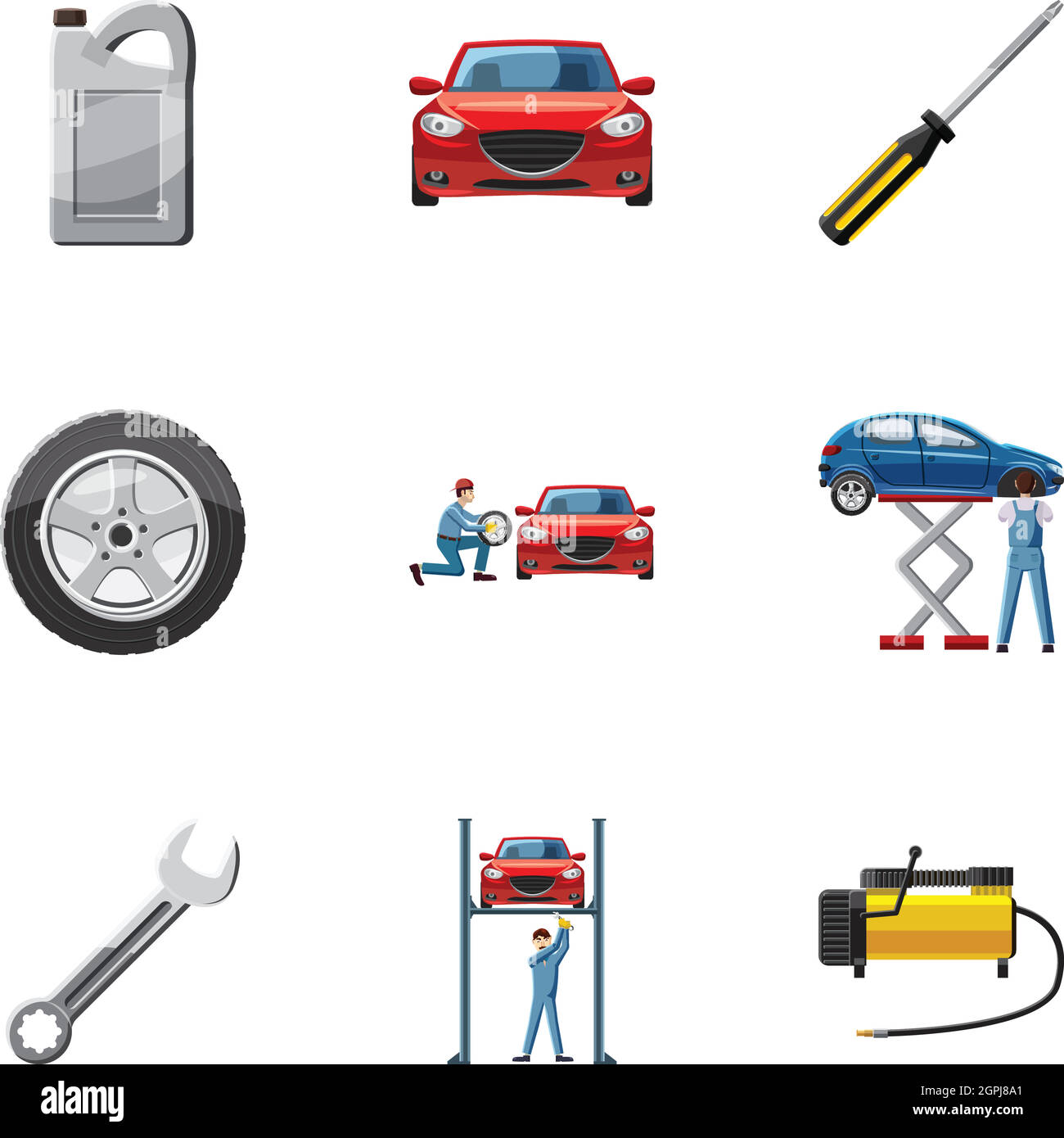 Autoreparaturen Icons Set, Cartoon-Stil Stock Vektor