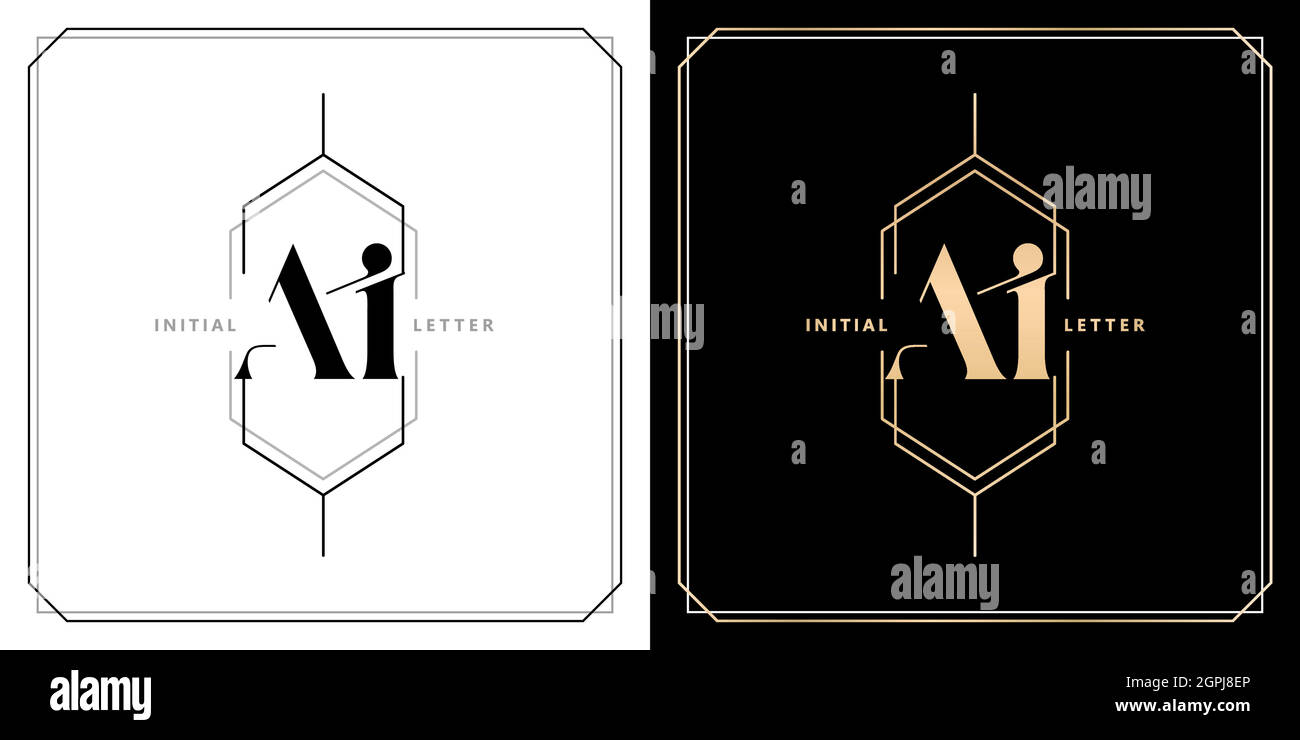AI- oder IA-Anfangsbuchstabe und Grafikname, IA- oder AI-Monogramm mit polygonalen Rahmen und Rahmen, für das Hochzeitslogo-Monogramm, mit zweifarbigen Variationsdesigns mit isolierten schwarz-weißen Hintergründen Stock Vektor