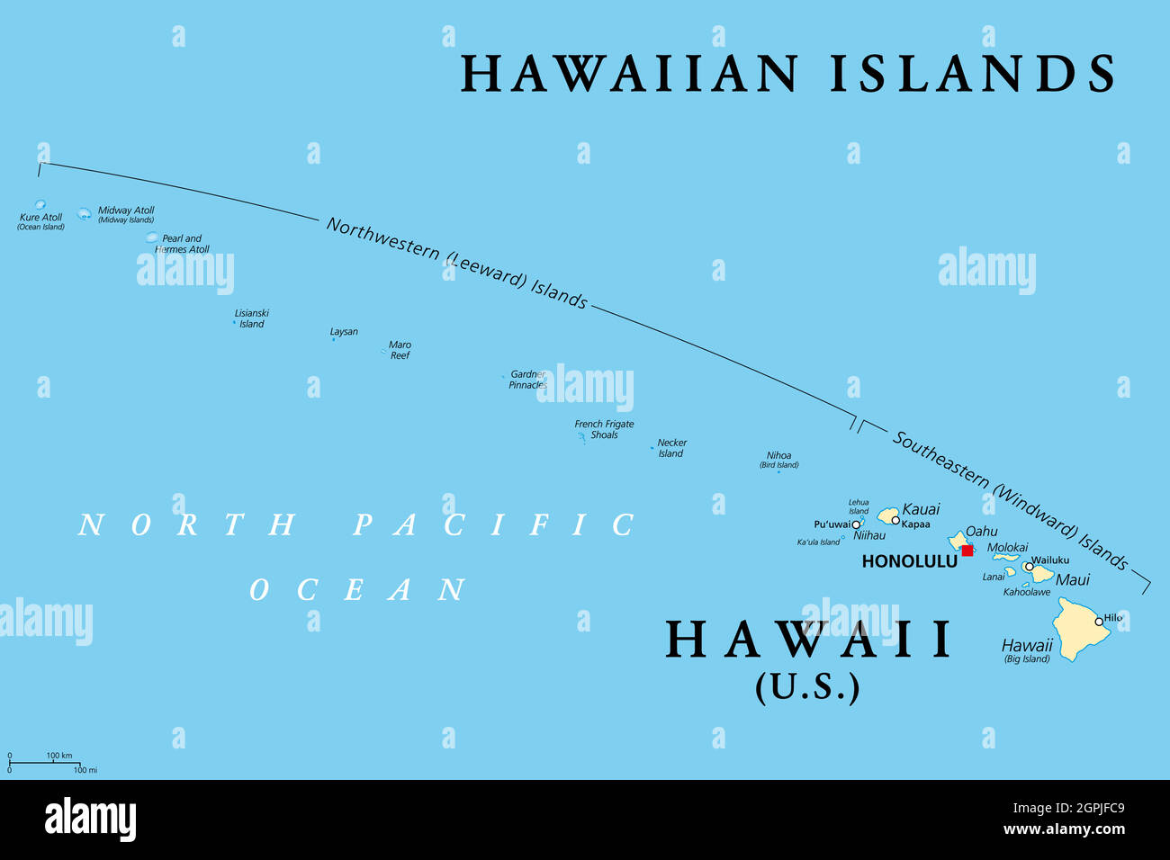 Hawaii-Inseln, politische Karte, der Staat Hawaii und Midway Island Stock Vektor