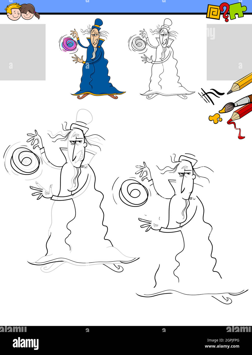 Zeichnung und Färbung Aufgabe mit Zauberer Fantasy-Charakter Stock Vektor