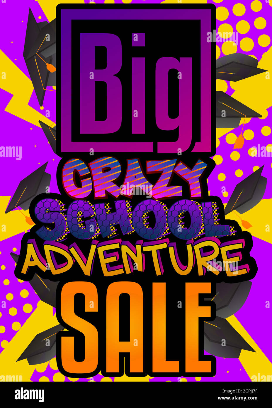 Big Crazy School Abenteuer Verkauf Comic-Stil Werbung Text. Stock Vektor