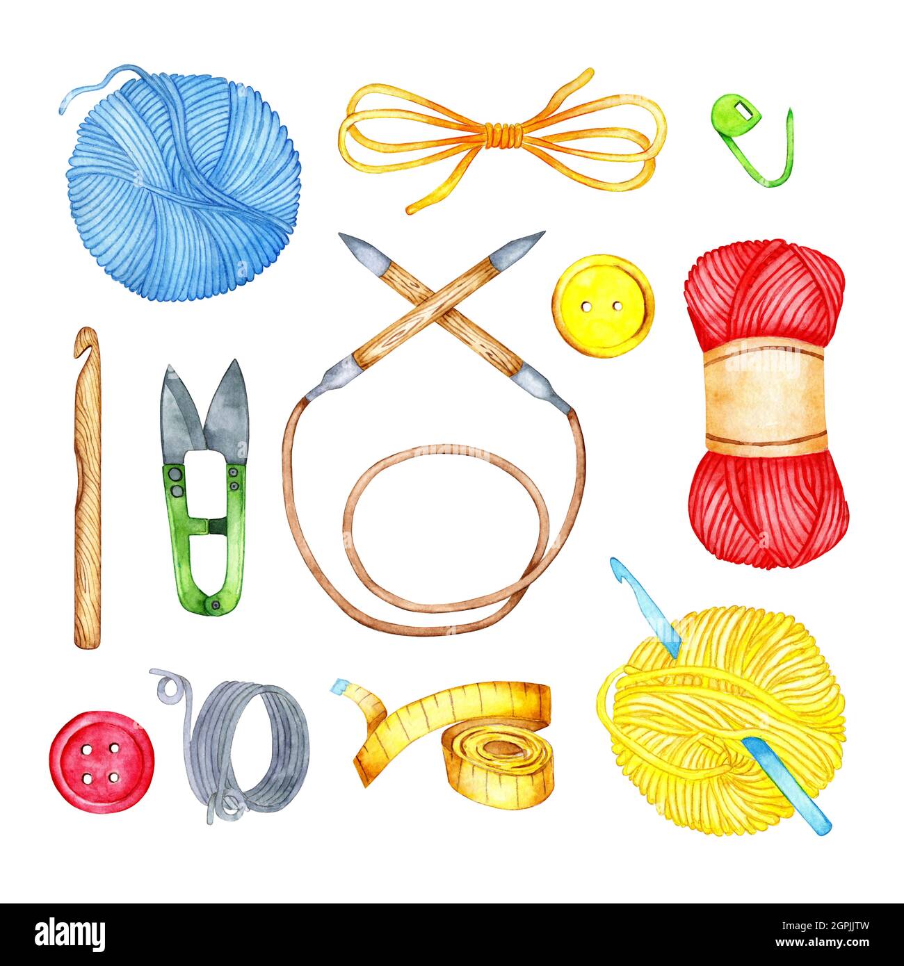 Aquarell-Illustration eines Satzes von Strickwerkzeugen. Stricknadeln, Haken, Fadenkugel, Zentimeter, Schere. DIY-Werkzeuge für Nadelarbeit, Kreativität Stockfoto