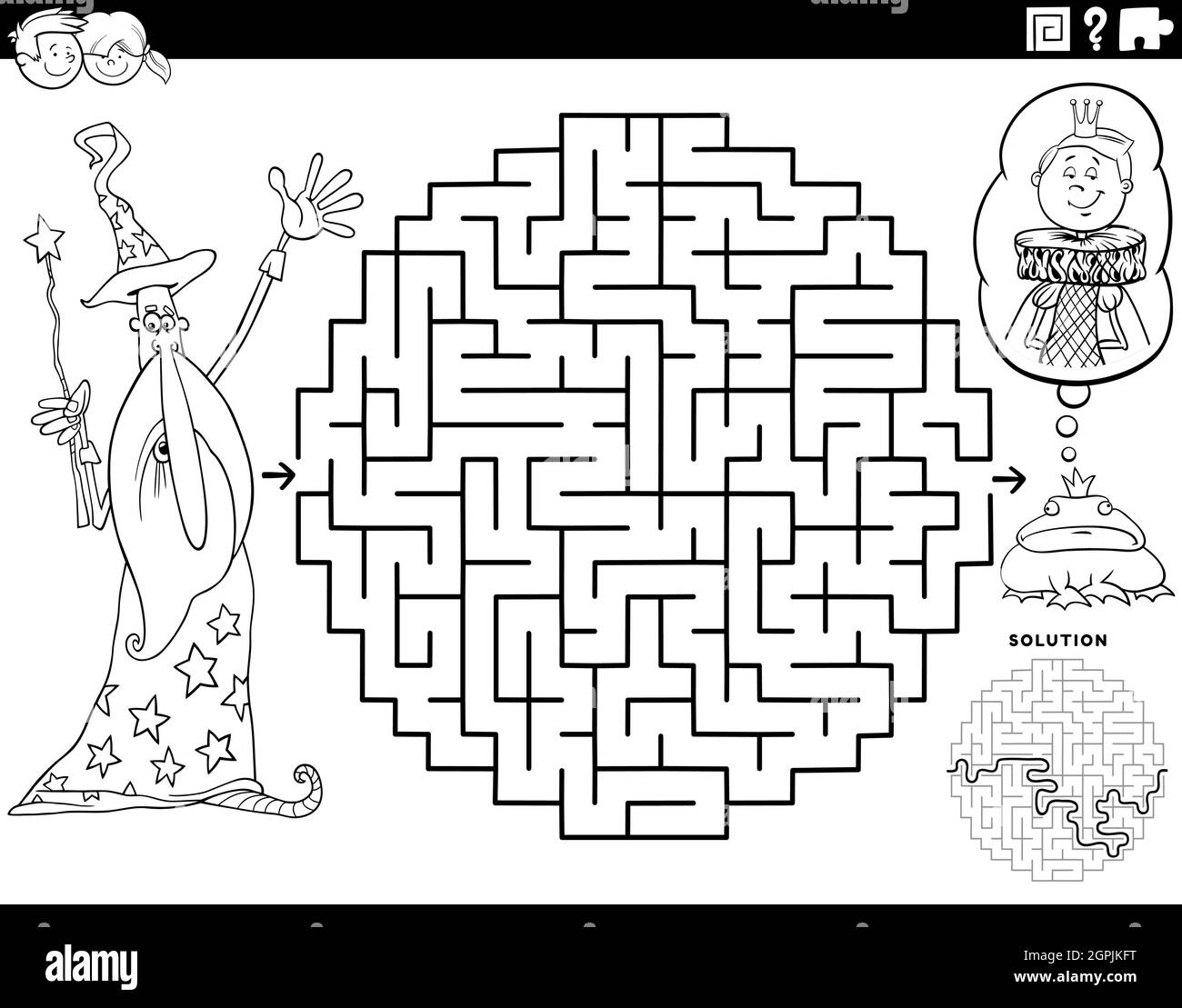 Maze Spiel mit Zauberer und Frosch Prinz Färbung Buch Seite Stock Vektor