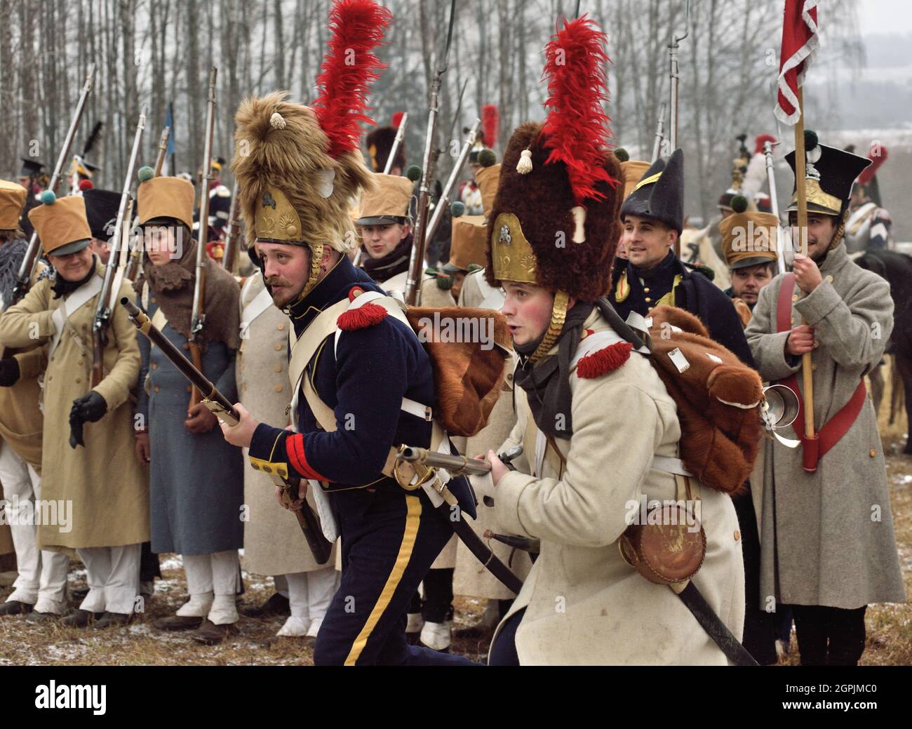 Borissow, Weißrussland - 25. November 2018: Historischer Wiederaufbau die Schlacht von Beresina im napoleonischen Krieg zwischen russischen und französischen Armeen im Jahr 1812. Ende Stockfoto