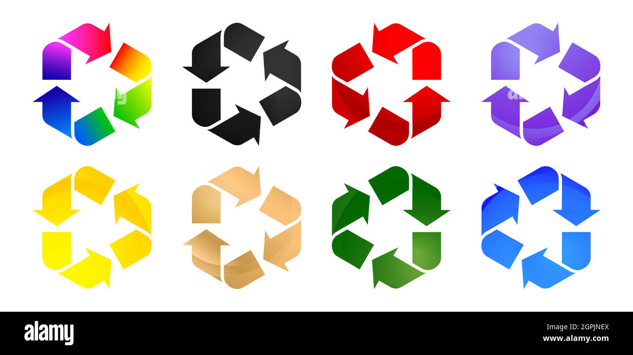 8 Recycle Icon Colors Set, Set von Formen, mit isolierten weißen Hintergründen. Anwendbar für Produktverpackungen auf Industrie-Label und symbolische Natur. Stock Vektor