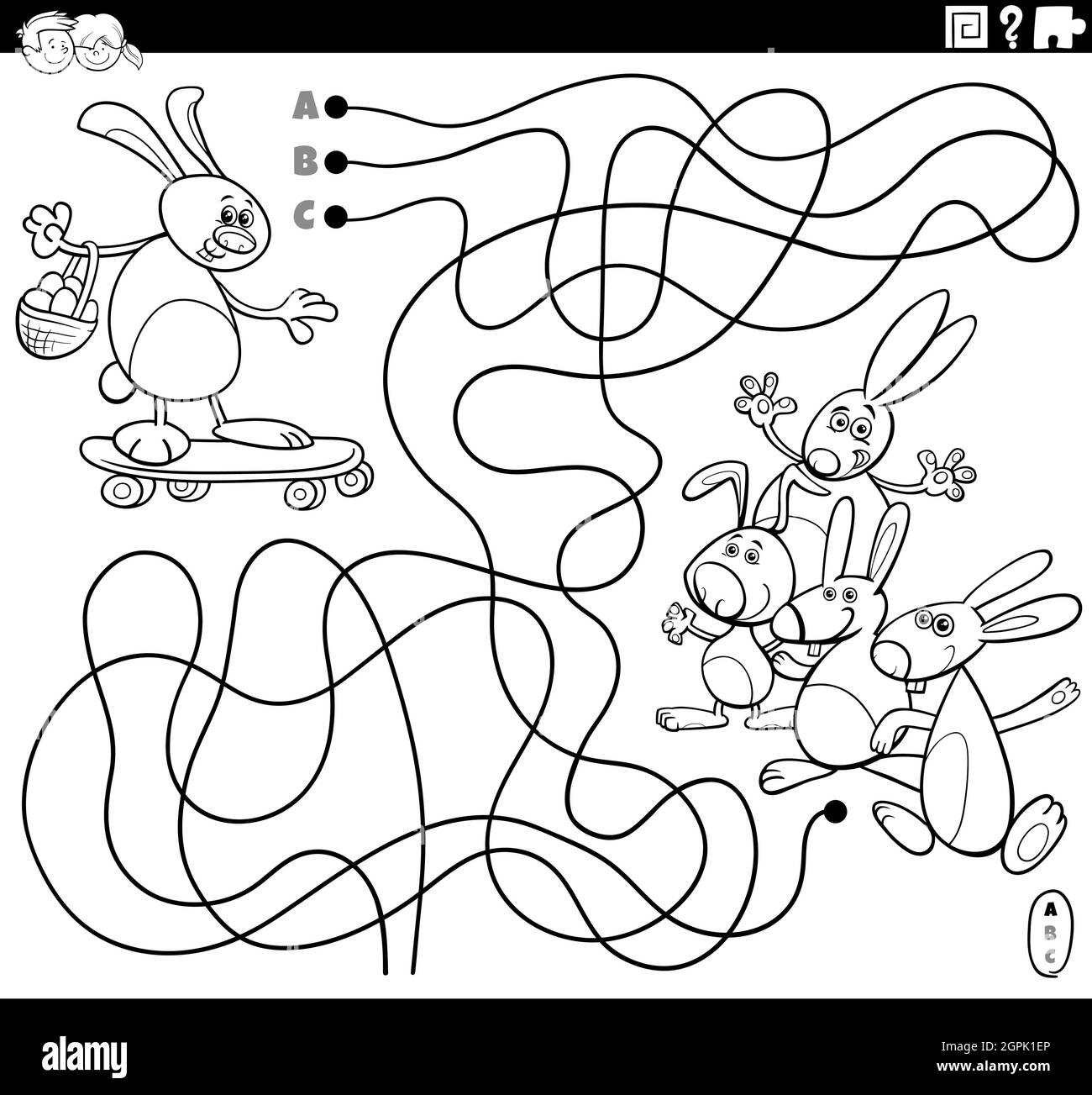 Maze mit Cartoon Osterhase auf Skateboard Malbuch Seite Stock Vektor