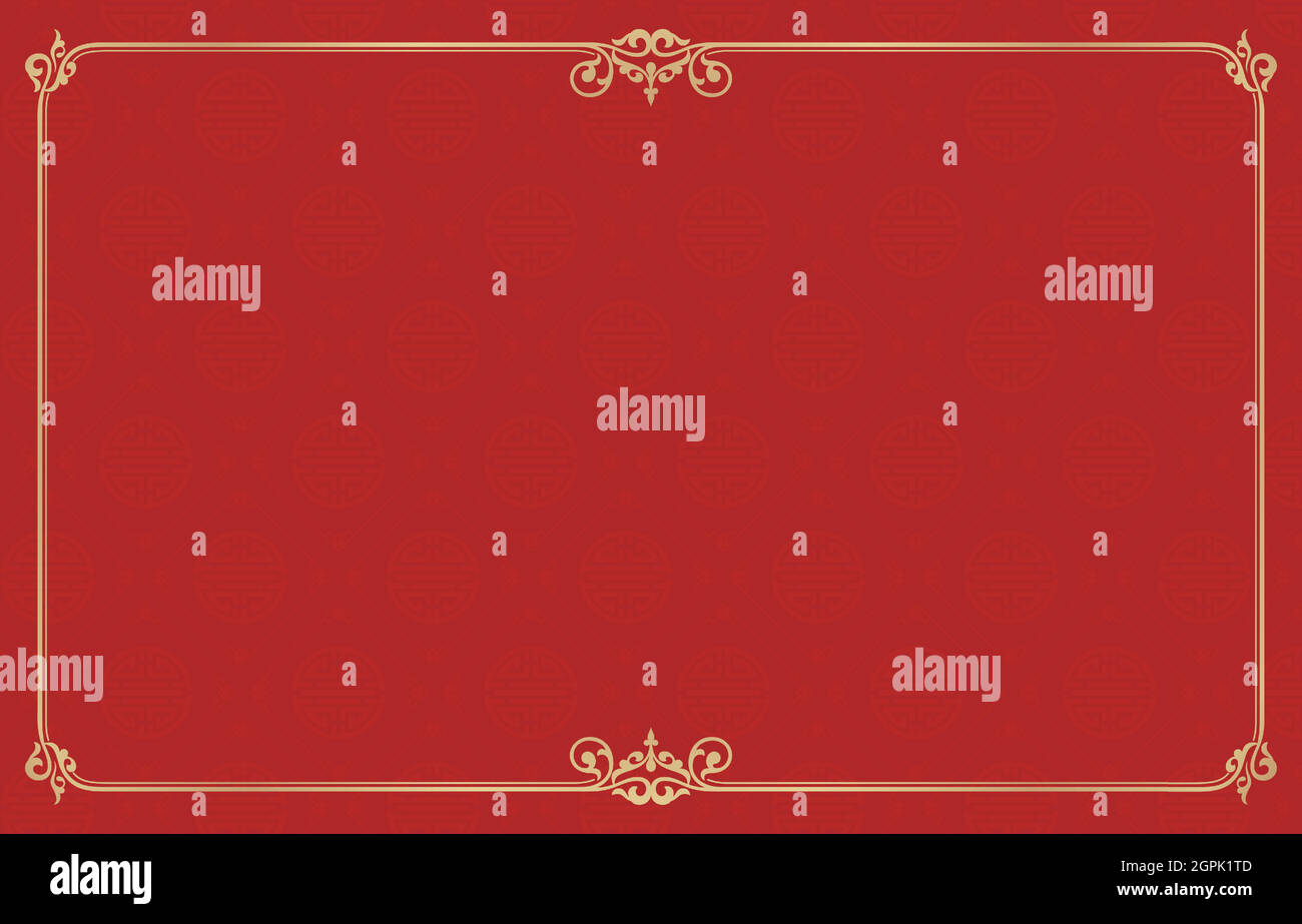 Roter Hintergrund mit goldenem Rahmen, Rechteck Ornament Ecke Gold Rahmen und Grenze mit chinesischen nahtlose Muster strukturiert für Grußkarten, Zertifikat, Hintergrund, Banner, Poster, Und Banner. Stock Vektor