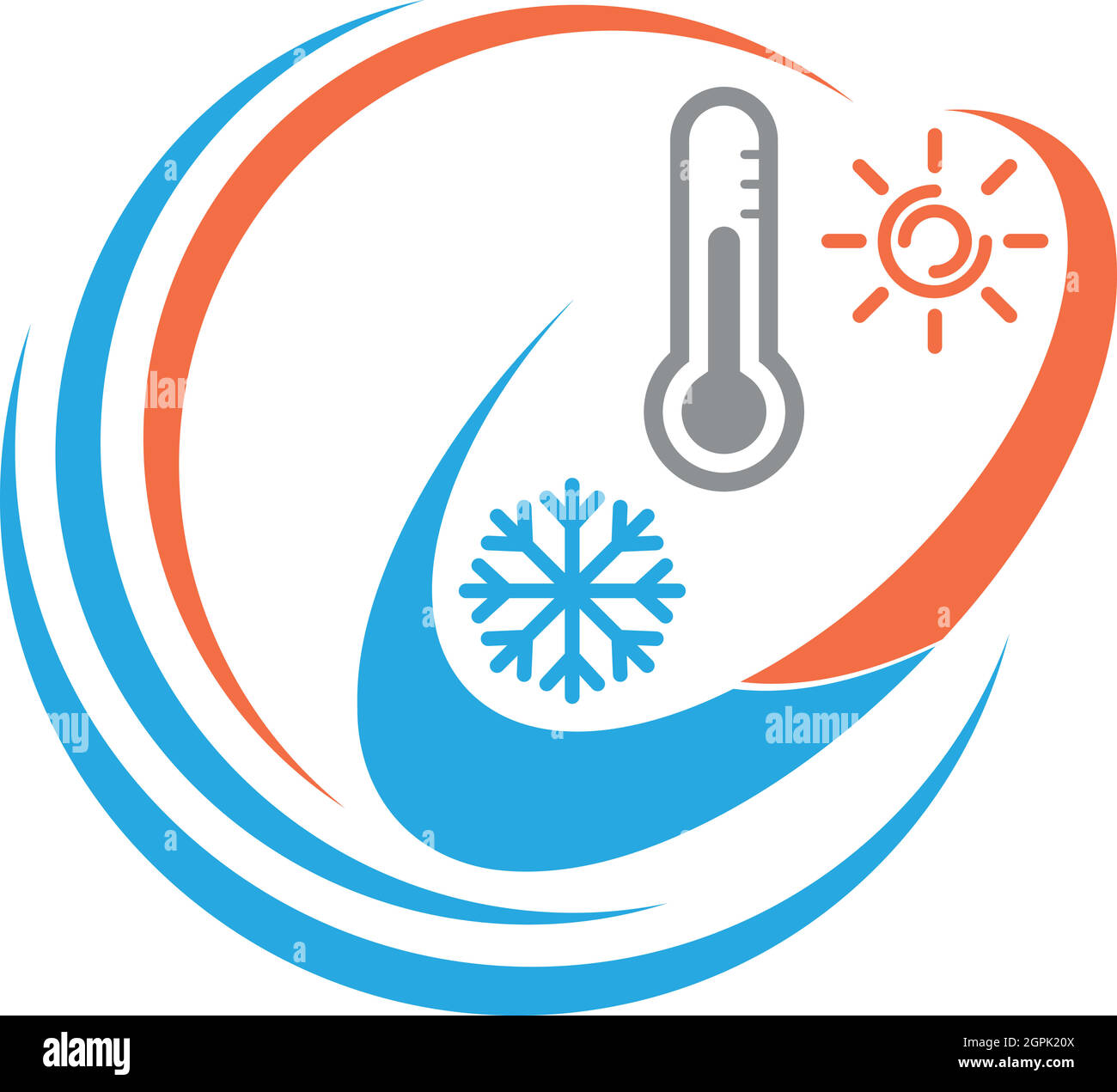 Thermometer, Sonne und Schneeflocke, Temperaturlogo, Hintergrund Stock Vektor