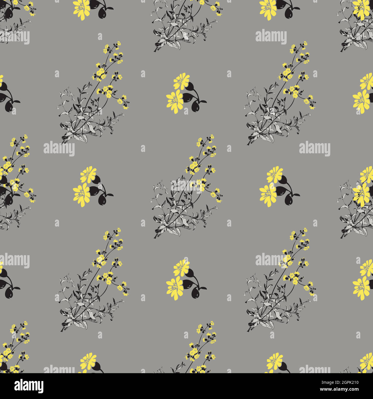 Hand gezeichnet Wiese Blumen, Blätter nahtlose Muster abstrakt Hintergrund tapete.Linie Kunst botanische Illustration.Floral Wand Kunst Vektor-Illustration in trendigen Farbe grau gelb Grafik-Design, drucken Stock Vektor