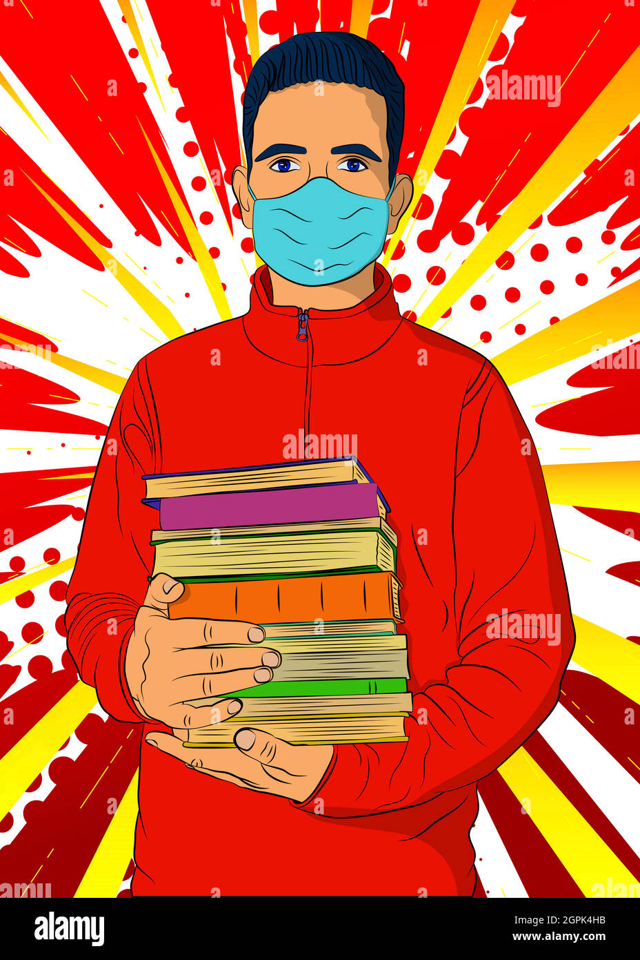 Student, Junge mit einem Stapel Bücher, Gesichtsmaske getragen. Stock Vektor