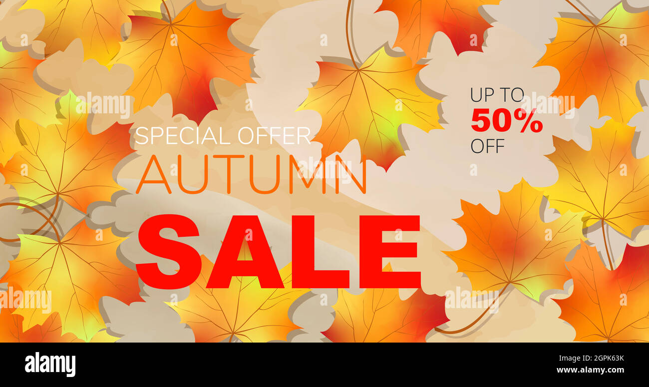 Herbst Verkauf Design Banner Layout. Helles, farbenfrohes, realistisches Herbstlaub in warmen Farbtönen. Saisonaler Hintergrund für Shopping-Verkauf oder Promo-Poster, Stock Vektor