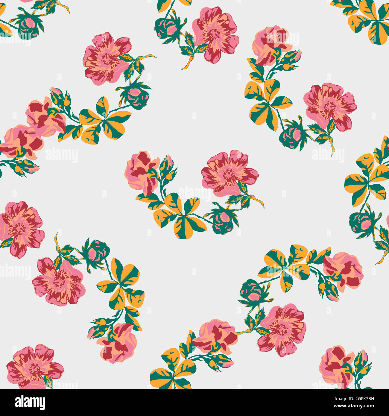 Hand gezeichnet Blumen Rosen Zweig, Blätter nahtlose Muster abstrakt Hintergrund Tapete. Linienkunst botanische Illustration. Florale Wandkunst Vektor-Illustration in trendigen Farben rosa Grafik-Design-Druck Stock Vektor