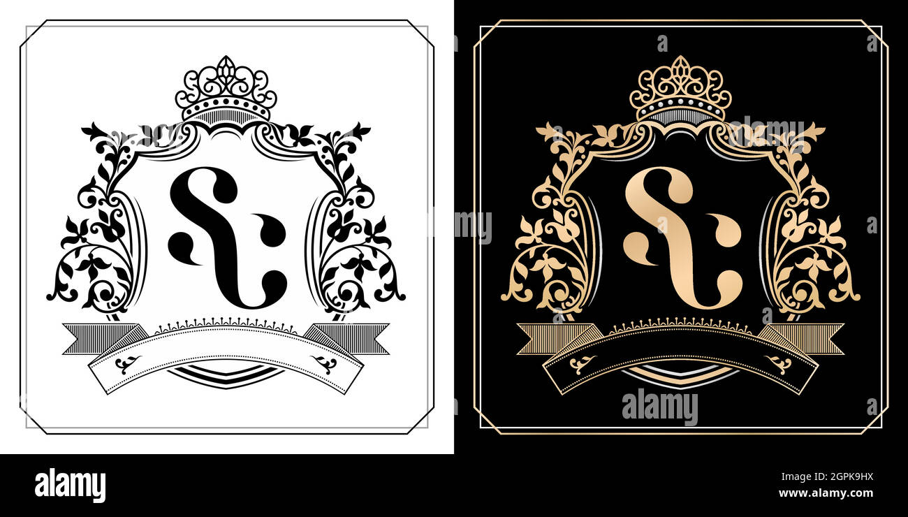 SC Royal Emblem mit Krone, Satz von schwarzen und weißen Etiketten, Anfangsbuchstaben und grafische Namensrahmen Rand von Blumenmustern, SC Monogramm, für Insignien, Anfangsbuchstabenrahmen Rand, Hochzeitspaar Namen Stock Vektor