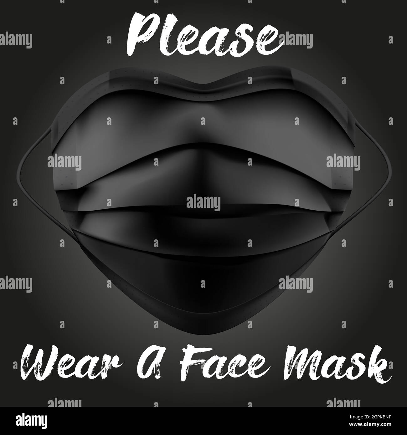 Bitte tragen Sie eine Maske Danke Warnschild mit einer Gesichtsmaske Form und Herz-Symbol. Vektorbild. Schwarze Maske auf schwarzem Hintergrund Stock Vektor