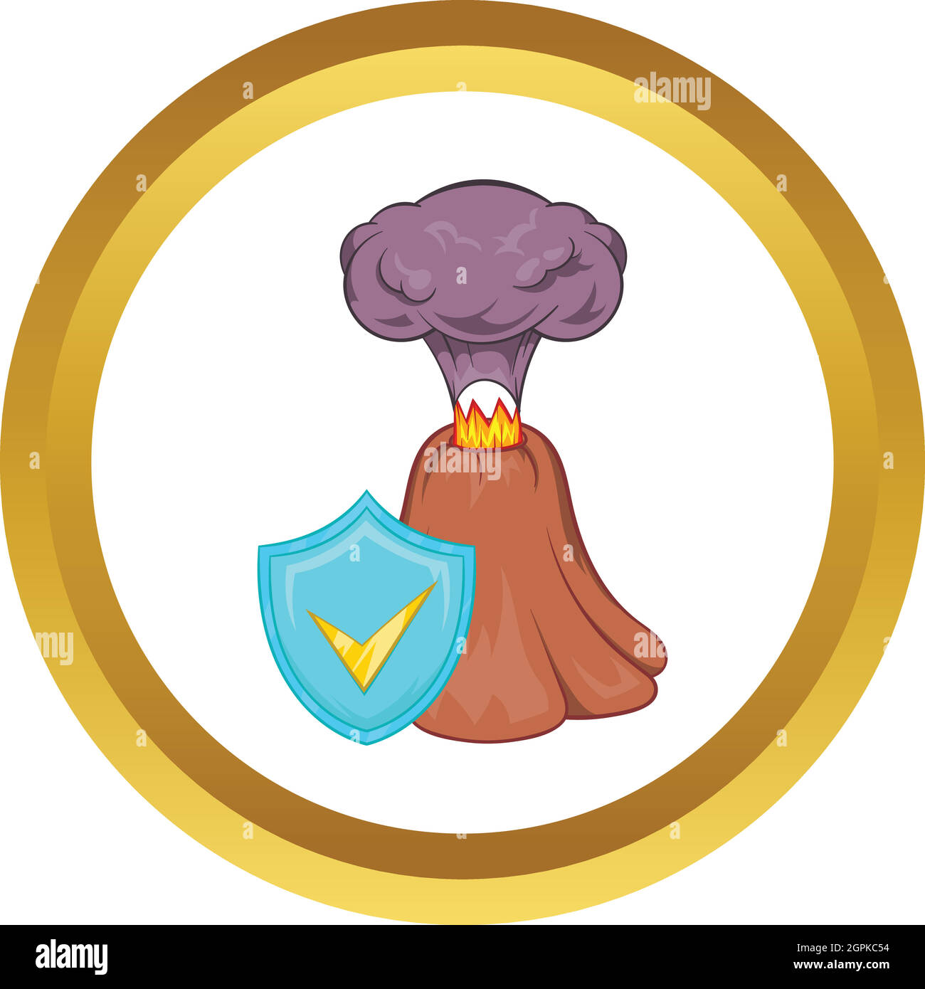 Vulkan Vulkanausbruch und Himmelblau Vektor Schildsymbol Stock Vektor