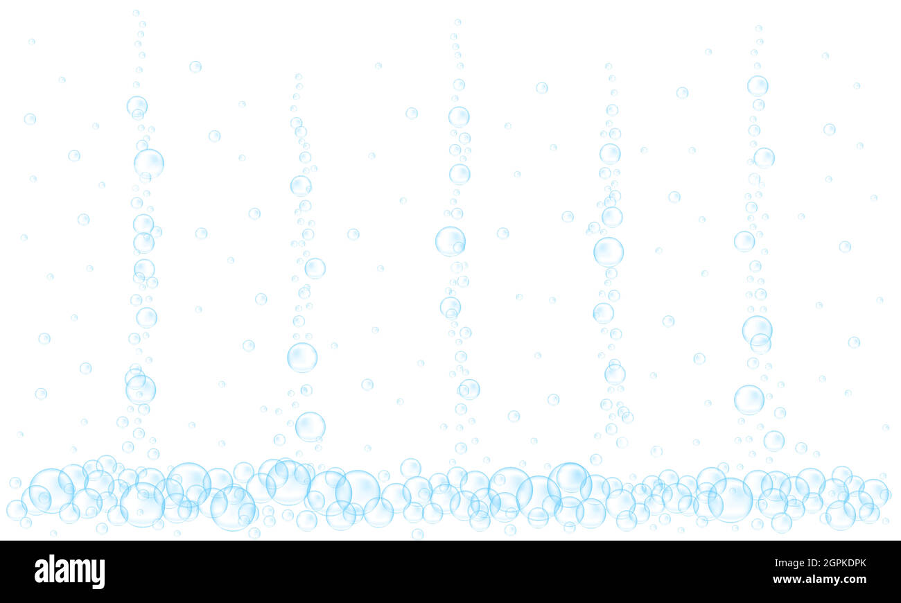 Blauer Wasser Luftblasen Hintergrund. Kohlensäurehaltige Textur von Getränken. Meer oder Aquarium Unterwasserbach. Vektor-realistische Darstellung. Stock Vektor