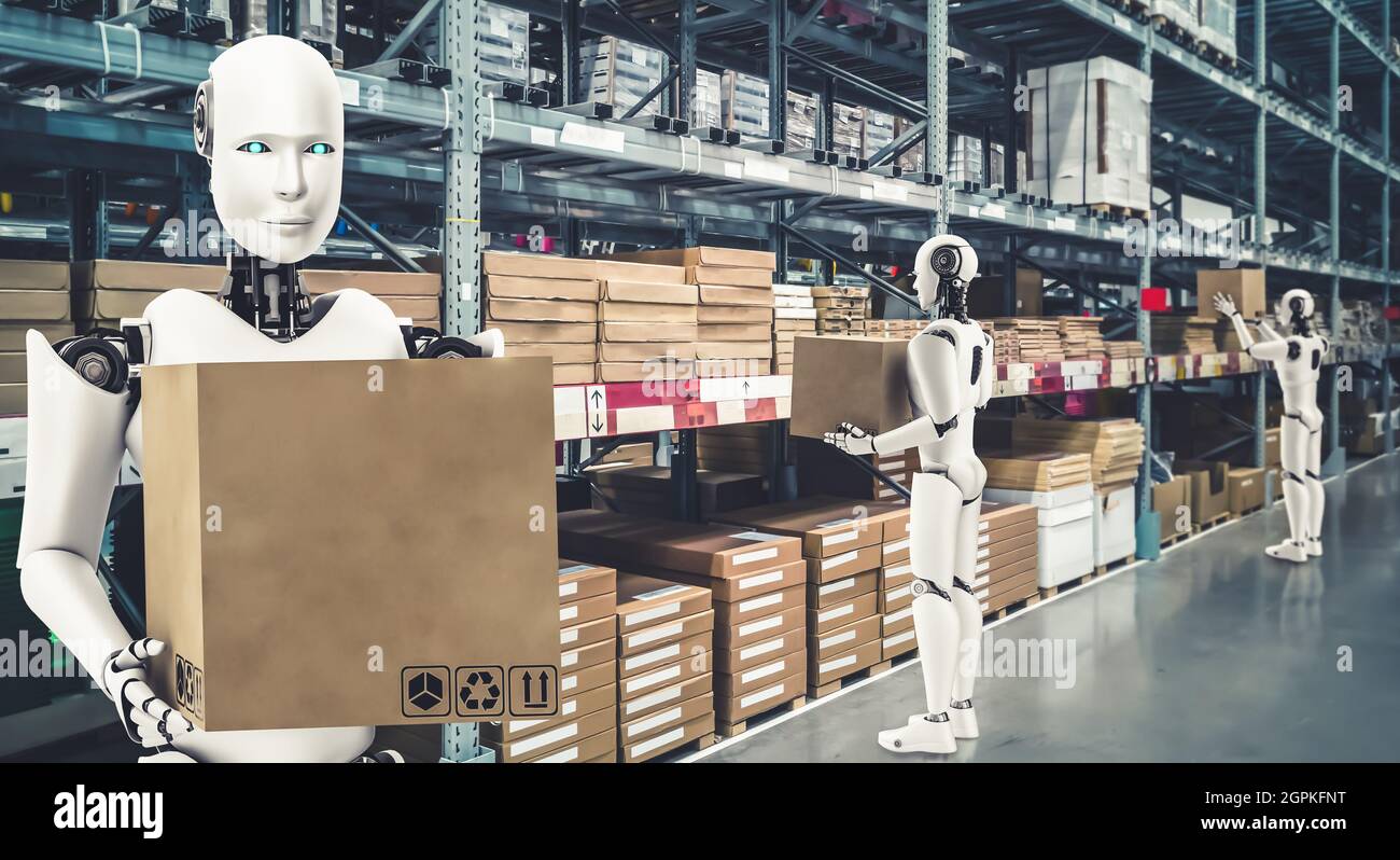 Innovativer Industrieroboter, der im Lager für den Ersatz menschlicher Arbeitskräfte arbeitet. Konzept der künstlichen Intelligenz für industrielle Revolution und Stockfoto