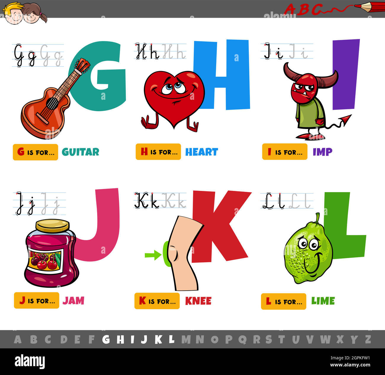Pädagogische Cartoon Alphabet Buchstaben für Kinder von G bis L Stock Vektor
