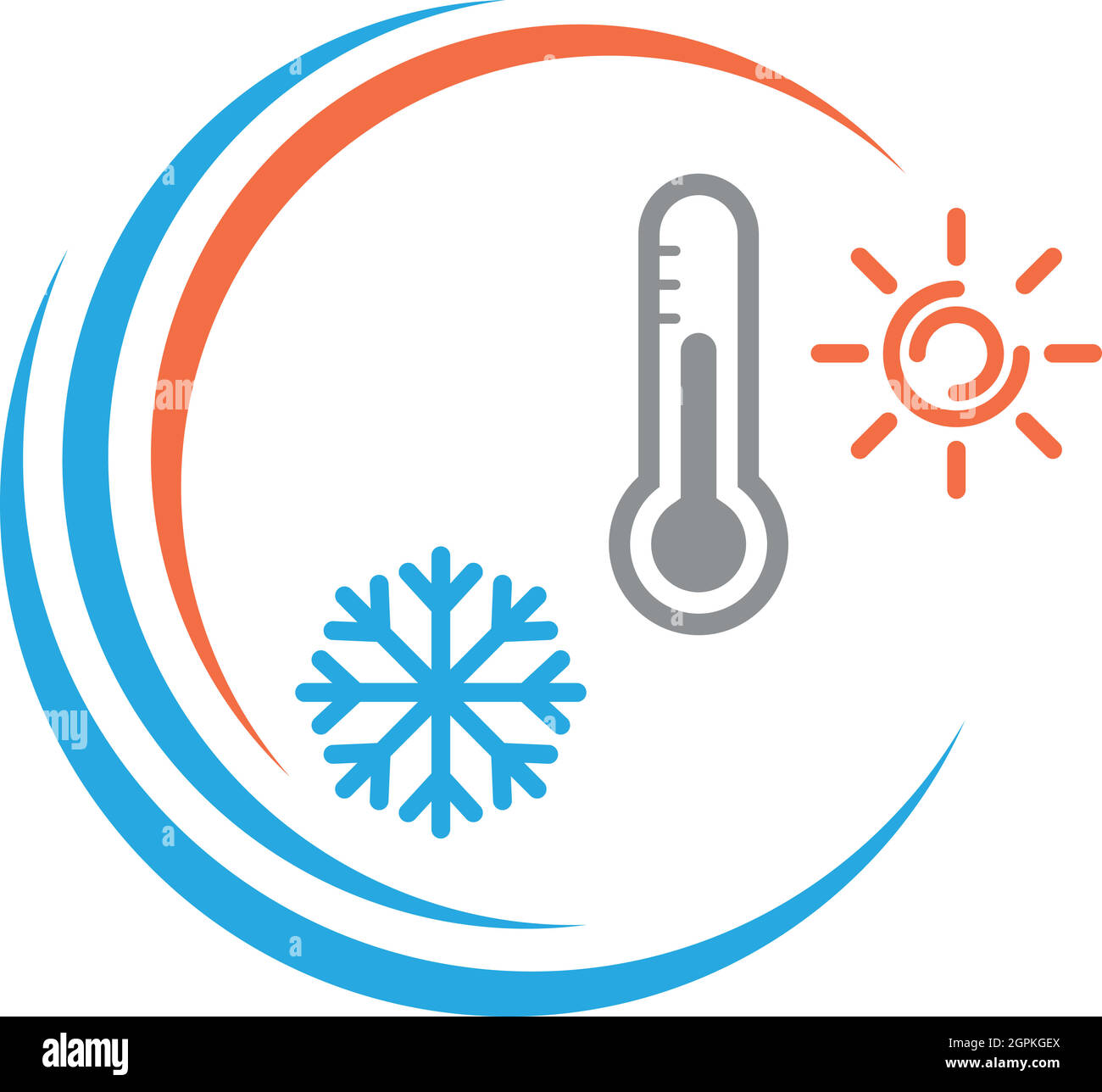 Thermometer, Sonne und Schneeflocke, Temperaturlogo, Hintergrund Stock Vektor