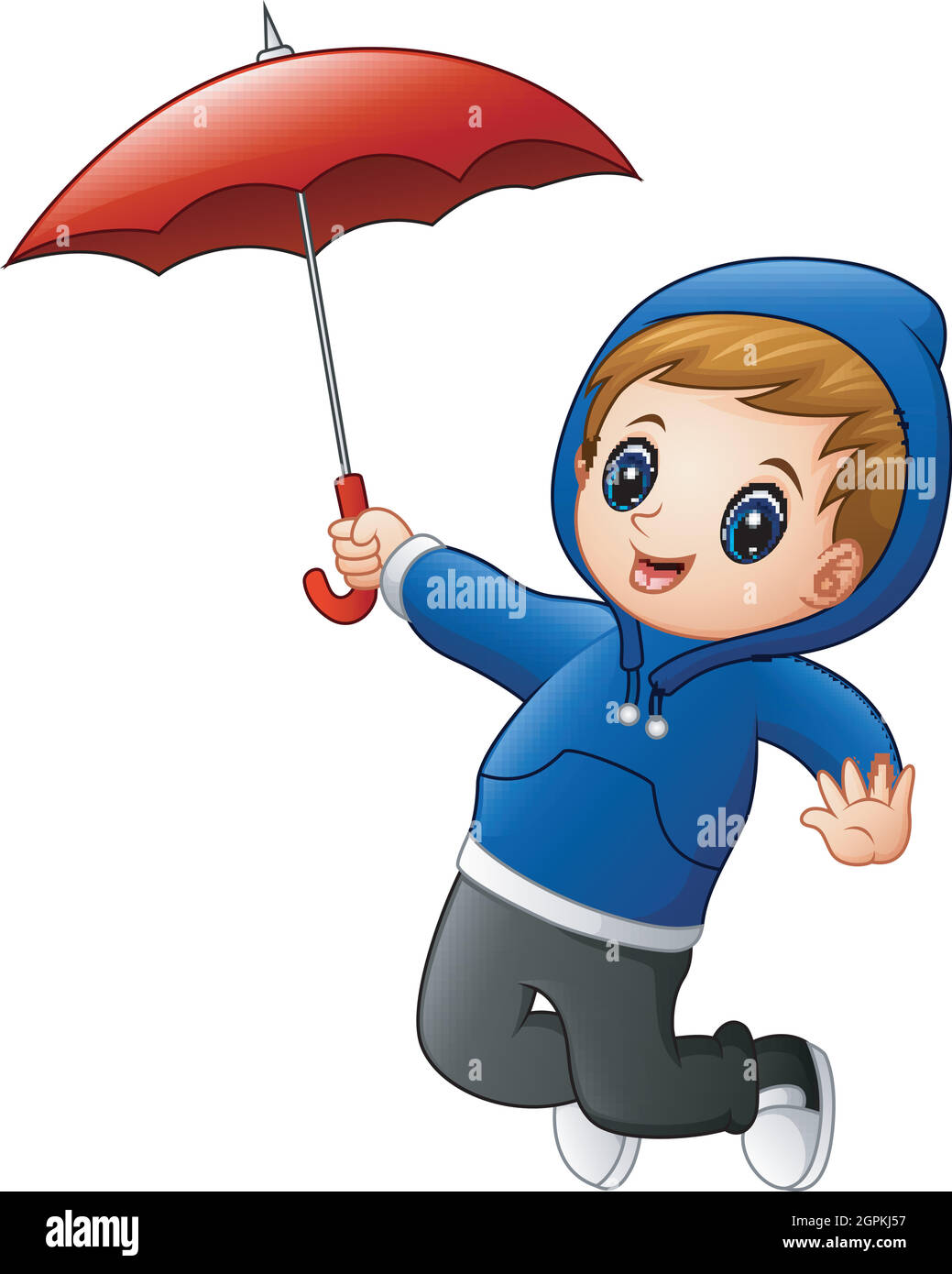 Kleiner Junge mit rotem Regenschirm springen Stock Vektor