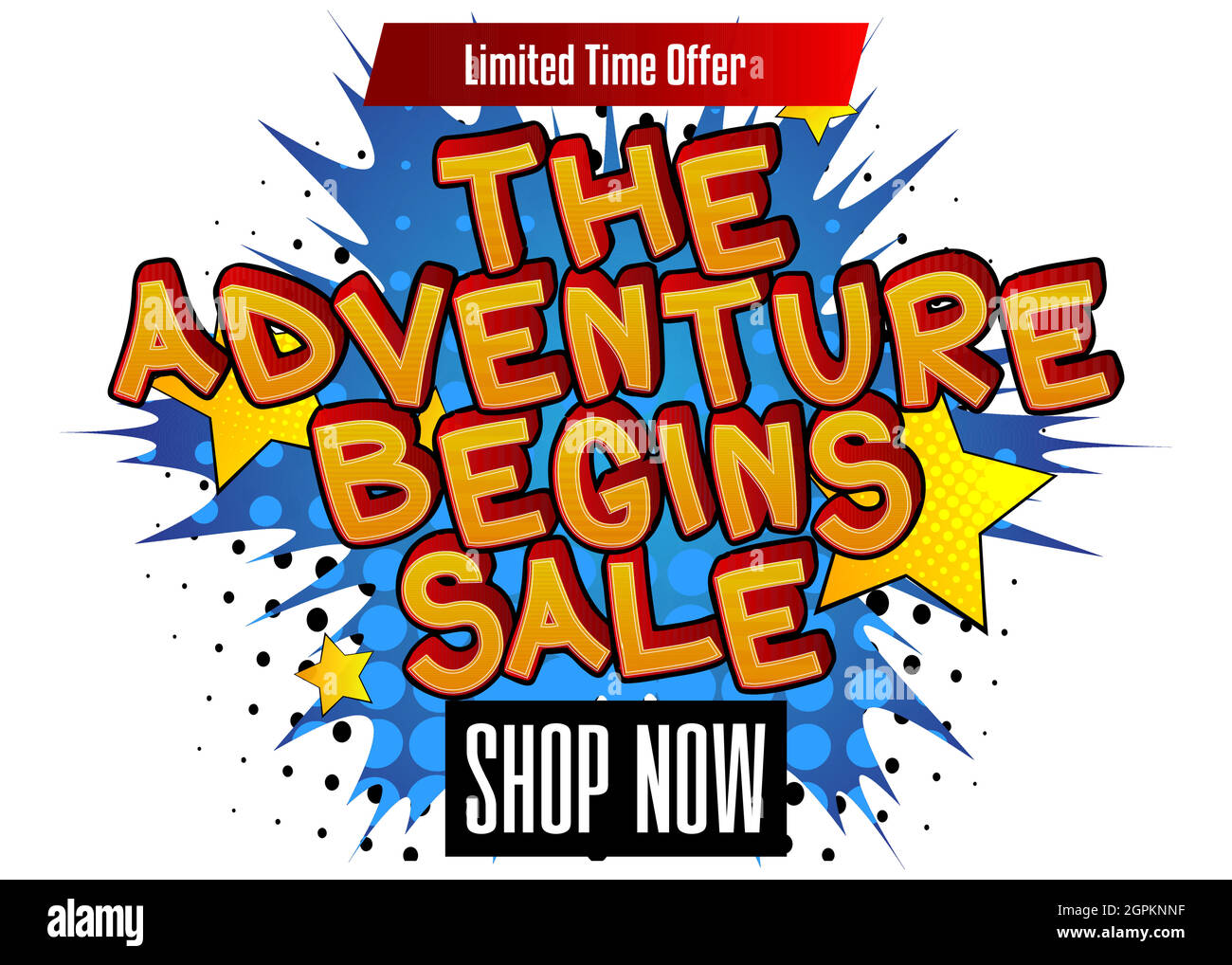 Das Abenteuer beginnt Verkauf Comic-Stil Werbetext. Stock Vektor