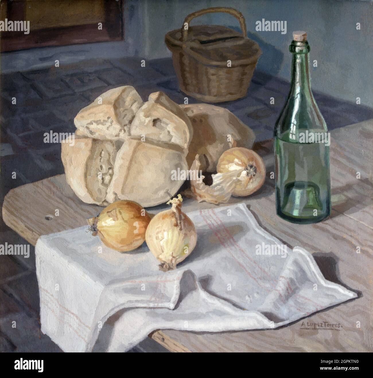 LOPEZ TORRES, ANTONIO. PINTOR ESPAÑOL . TOMELLOSO 1902 - 1987. „ BODEGON DEL PAN Y LAS CEBOOLLAS“. COLECCION-SONDERPRÜFUNG. ATENCION: AUTOR CONTEMPORANEO SUJETO A COPYRIGHT ©. EL CLIENTE FINAL ES RESPONSABLE DE LA GESTION DE LOS DERECHOS DE AUTOR CON LAS SOCIEDADES EXISTENTES DE GESTION DE DERECHOS O DIRECTAMENTE CON LOS ORGANISMOS TITULARES DE LOS MISMOS. Stockfoto