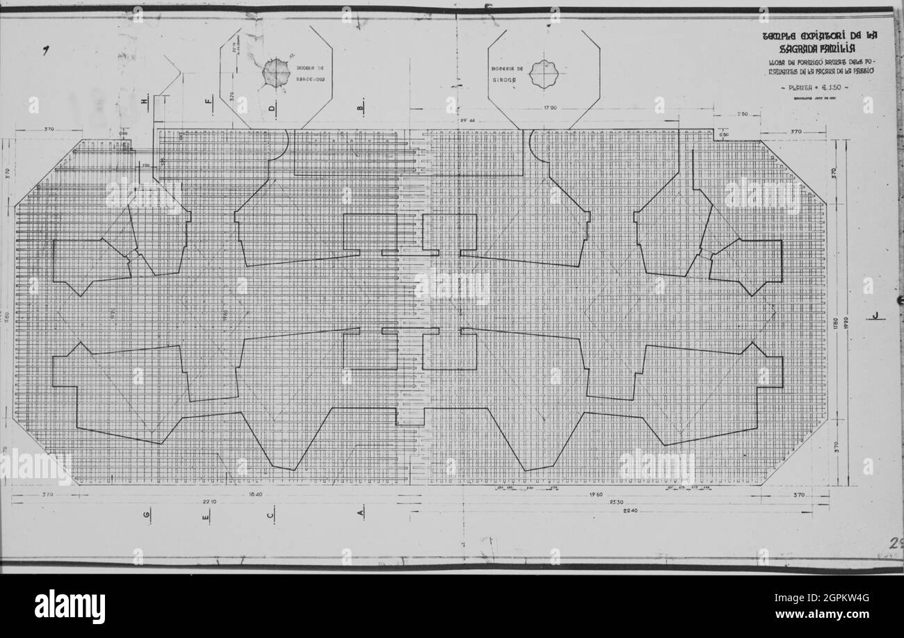 Sagrada Familia (Passionsfassade): Plan der Stahlbetonfundament-Platte (E: 1:50), 1968. Stockfoto