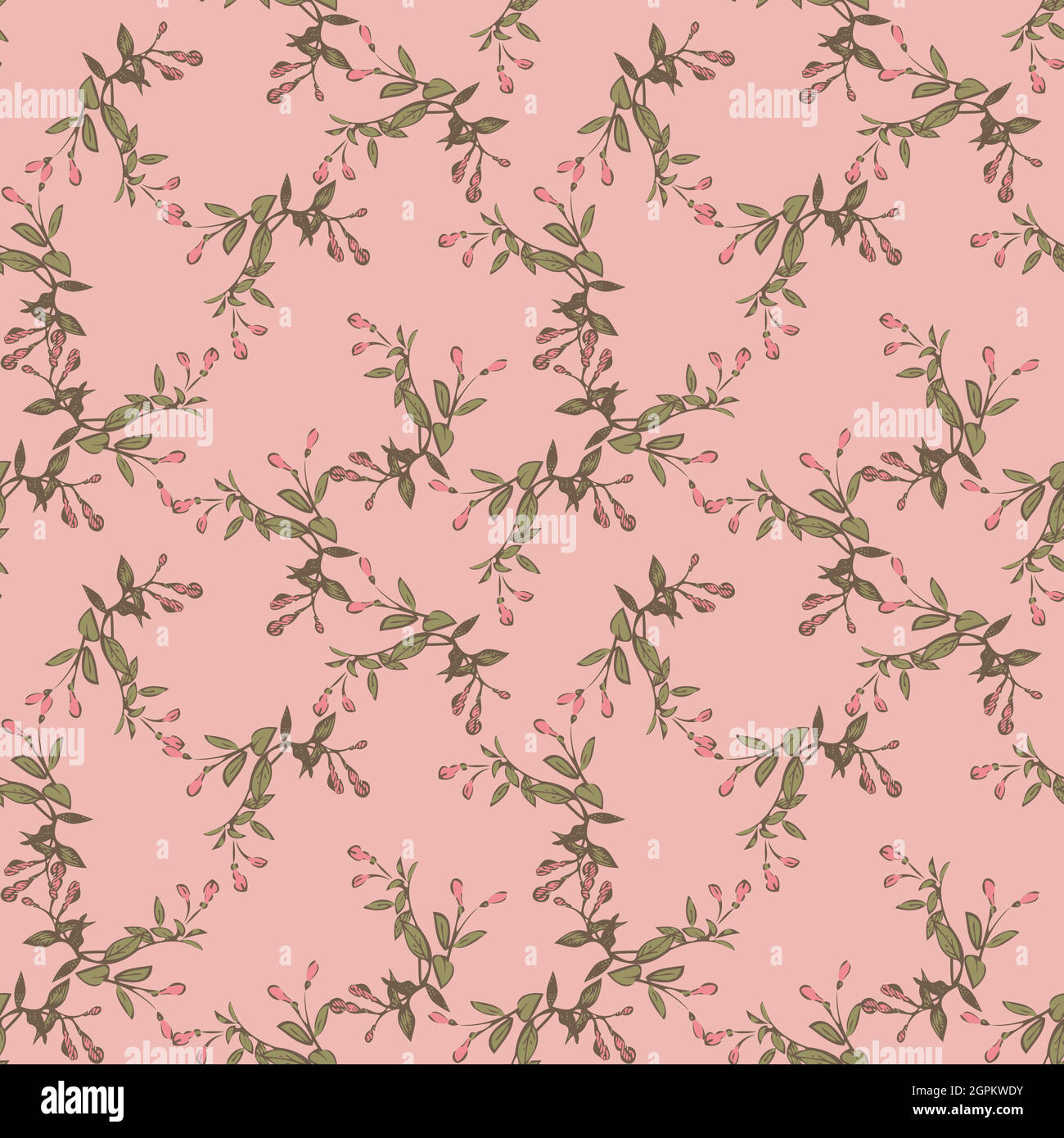 Handgezeichnete Blüte grüne Zweige mit rosa Blumen, floral nahtlose Muster abstrakten Hintergrund Tapete Vektor. Line Art botanische Verpackung Illustration für Grafik-Design-Druck. Natur pastellgrün Stock Vektor
