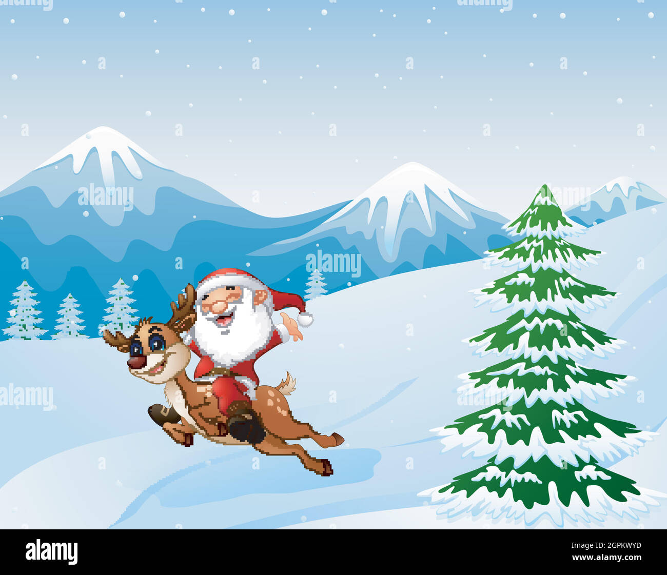Glücklicher weihnachtsmann auf einem Rentier auf Schnee bergab Stock Vektor