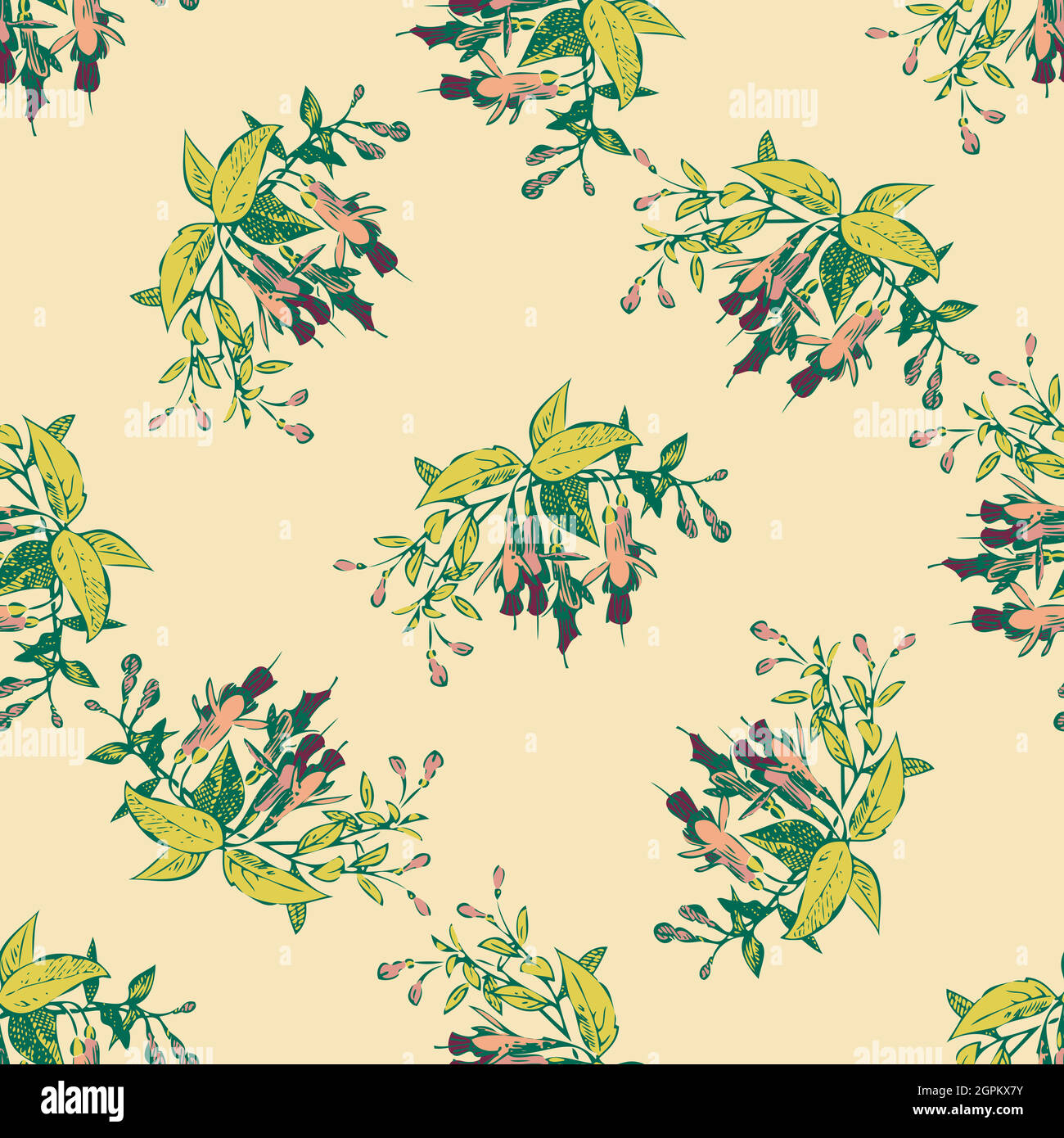 Hand gezeichnet Blumen fuchsia Zweig, Blätter nahtlose Muster abstrakt Hintergrund Tapete. Linienkunst botanische Illustration. Florale Wandkunst Vektor Illustration, trendige Farbe grün Pastell Grafik-Design Stock Vektor