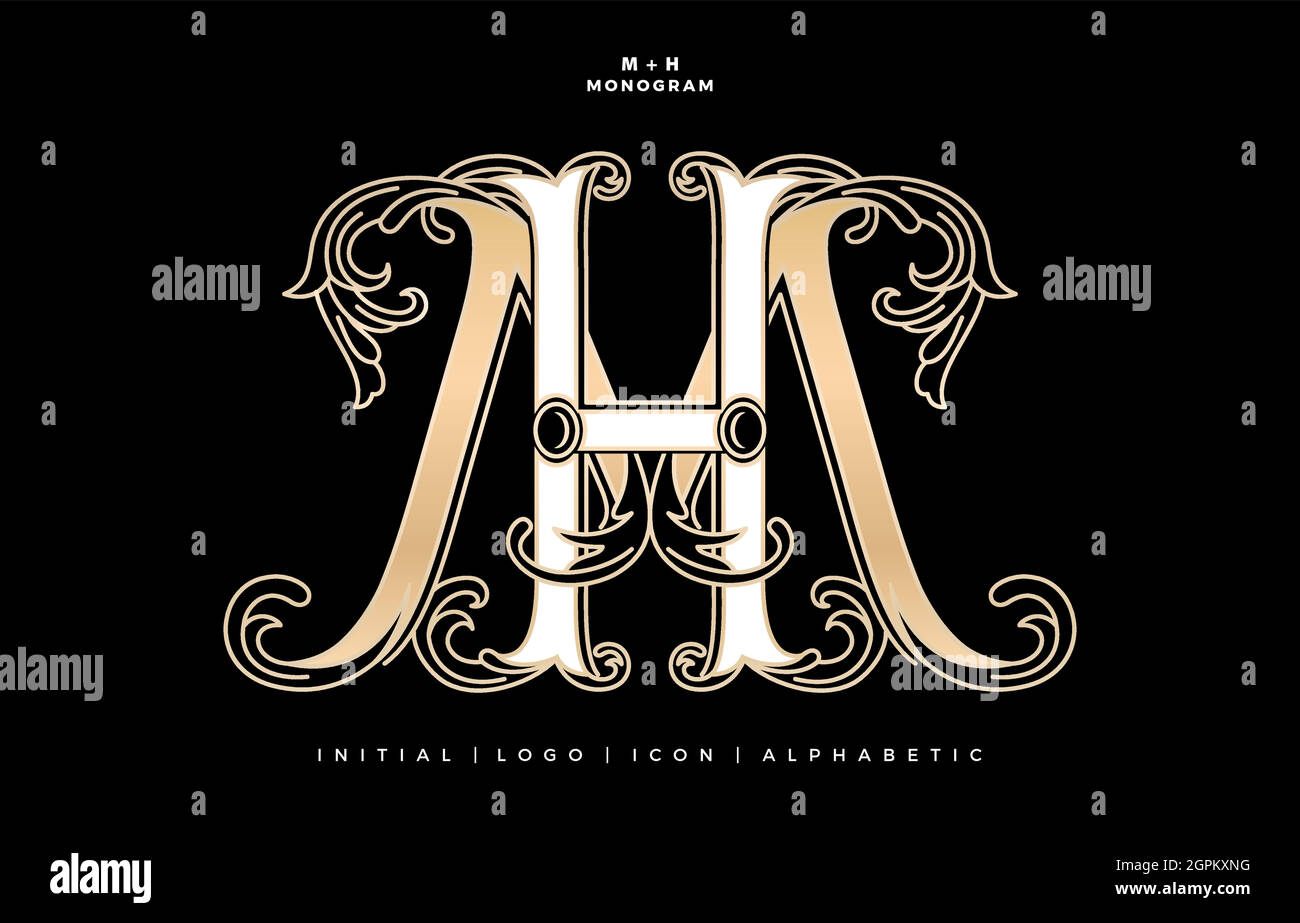 MH- oder HM-Monogramm, Anfangsbuchstabe und Grafikname florale Designs mit Gold und weißen Farben isoliert schwarzen Hintergründen, Satz von goldenen Etiketten mit Ornament für Abzeichen, Anfangsbuchstabe Hochzeitsname Logo Stock Vektor