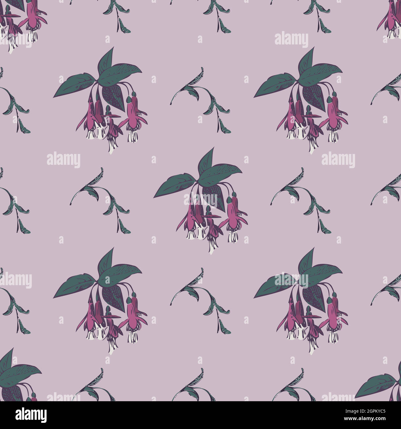 Hand gezeichnet Blüte fuchsia Blumen, Gravur floral nahtlose Muster abstrakt Hintergrund Tapete Vektor. Line Art botanische Verpackung Illustration für Grafik-Design-Druck. Lila grüne Pastellfarben Stock Vektor