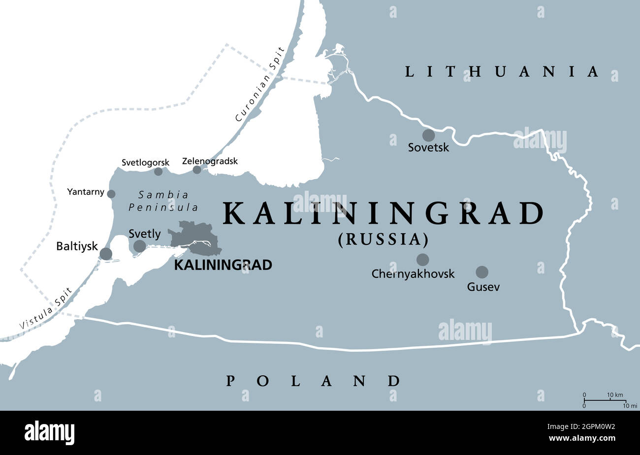 Region Königsberg, Oblast Königsberg, graue politische Landkarte Stock Vektor