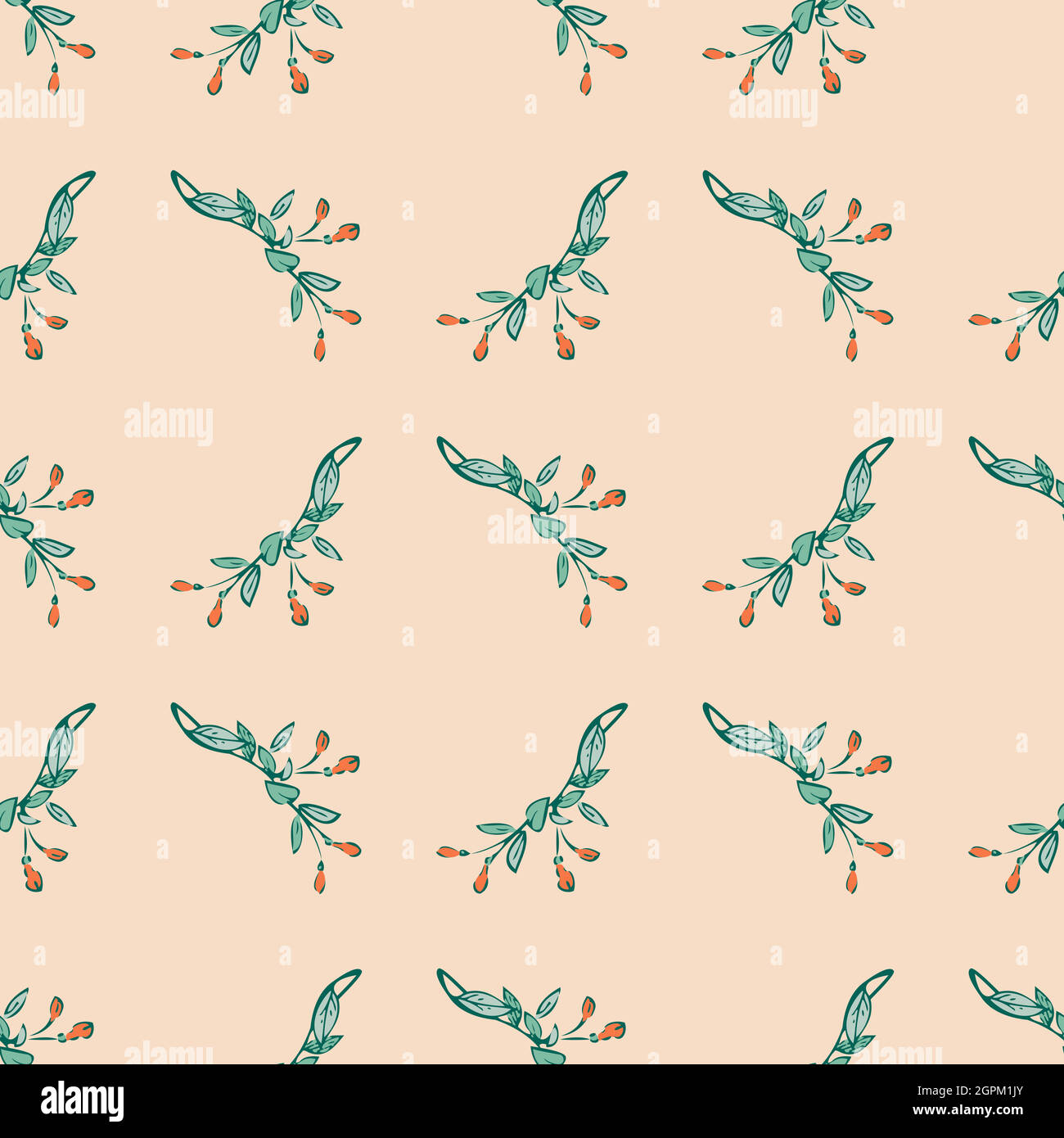 Handgezeichnete Blüte grüne Zweige mit roten Blumen, floral nahtlose Muster abstrakten Hintergrund Tapete Vektor. Line Art botanische Verpackung Illustration für Grafik-Design-Druck. Natur in Pastellrosa Stock Vektor