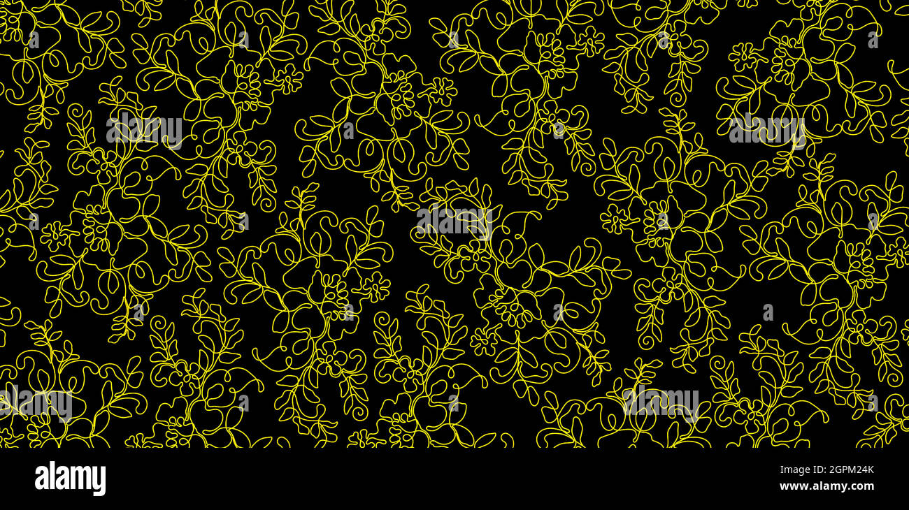 Linien Blumen und Blumenmuster Hintergründe mit gelben Farben und isolierten schwarzen Hintergründen, anwendbar für Kleidung, Textil, Textildruck, Website-Banner, Und Siebdruck für Kleidung. Stock Vektor