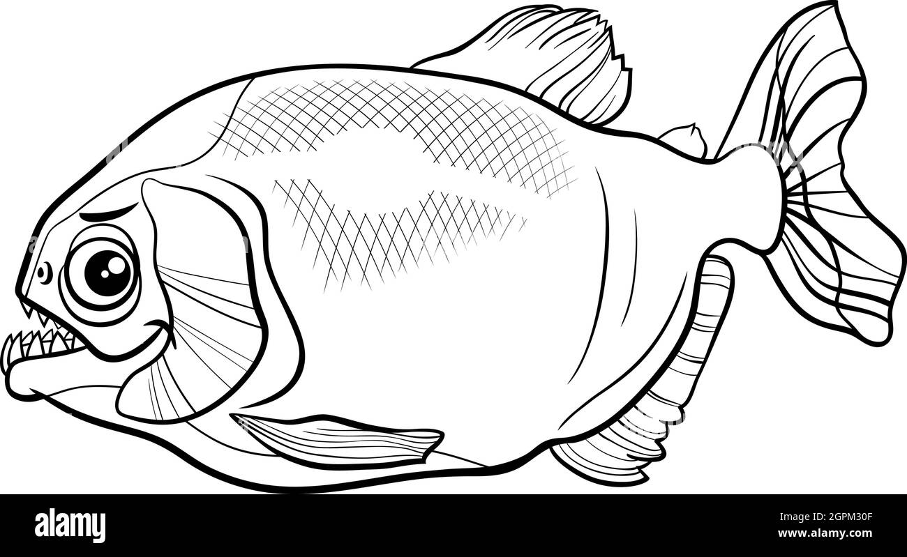 Cartoon Piranha Fisch Tier Charakter Färbung Buch Seite Stock Vektor