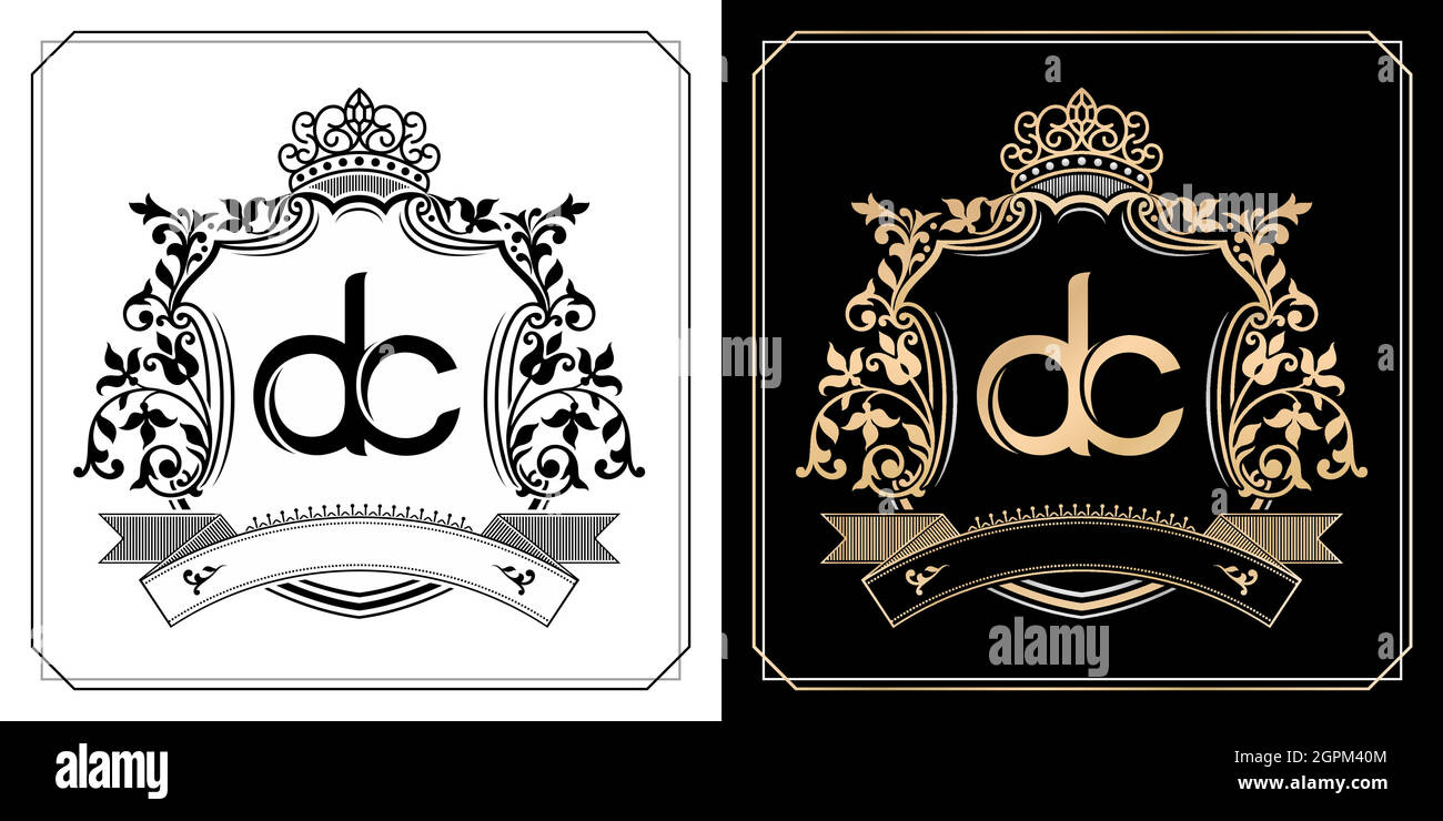 DC Royal Emblem mit Krone, Anfangsbuchstaben und grafischen Namensrahmen Rand von floralen Designs mit zwei verschiedenen Farben, Satz von Gold gerahmten Etiketten mit Blumen für Abzeichen, Anfangsbuchstaben Hochzeitsname Stock Vektor